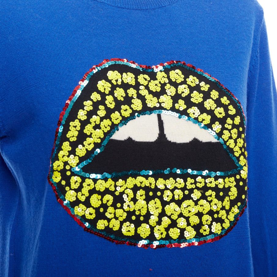 Markus Lupfer MARKUS LUPFER blue merino wool yellow sequin lip sweater S Size S / US 4 / IT 40 - 2 Thumbnail