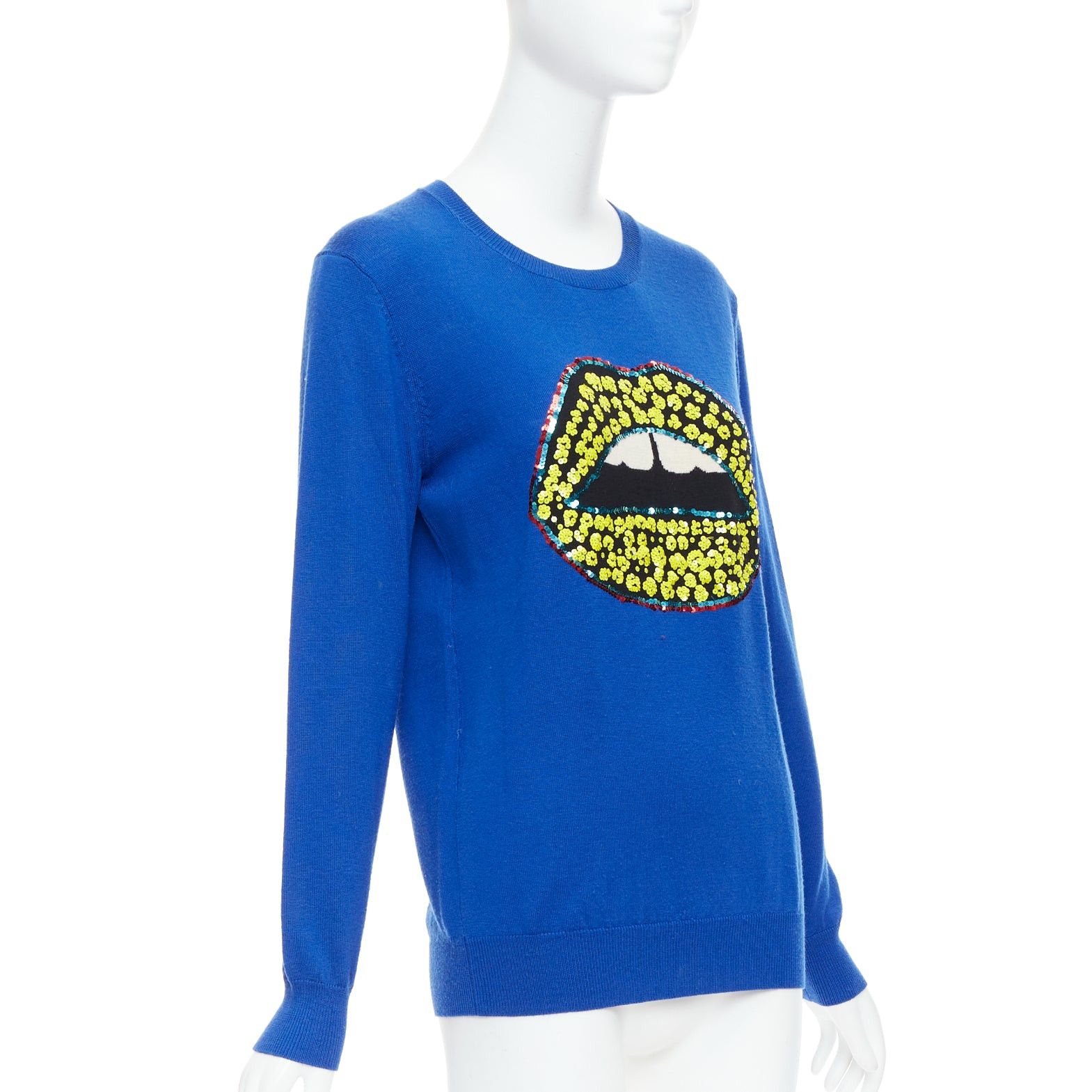 Markus Lupfer MARKUS LUPFER blue merino wool yellow sequin lip sweater S Size S / US 4 / IT 40 - 3 Thumbnail