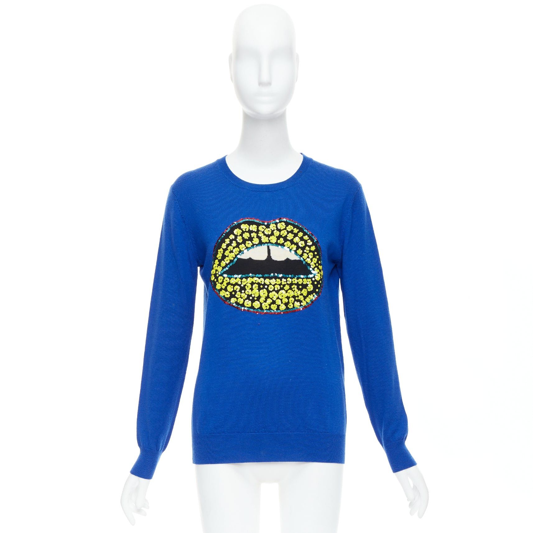 Markus Lupfer MARKUS LUPFER blue merino wool yellow sequin lip sweater S Size S / US 4 / IT 40 - 9 Thumbnail