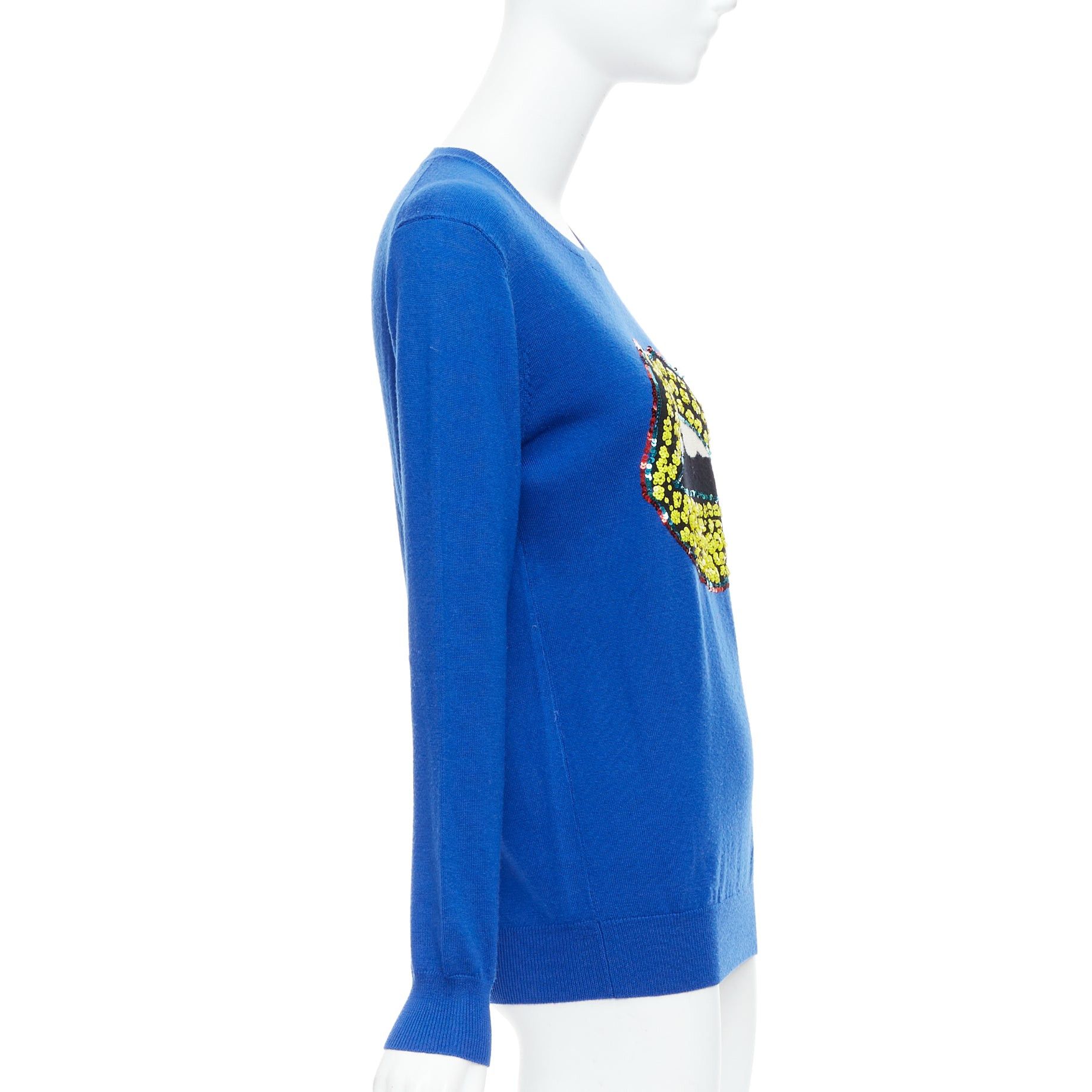 Markus Lupfer MARKUS LUPFER blue merino wool yellow sequin lip sweater S Size S / US 4 / IT 40 - 4 Thumbnail