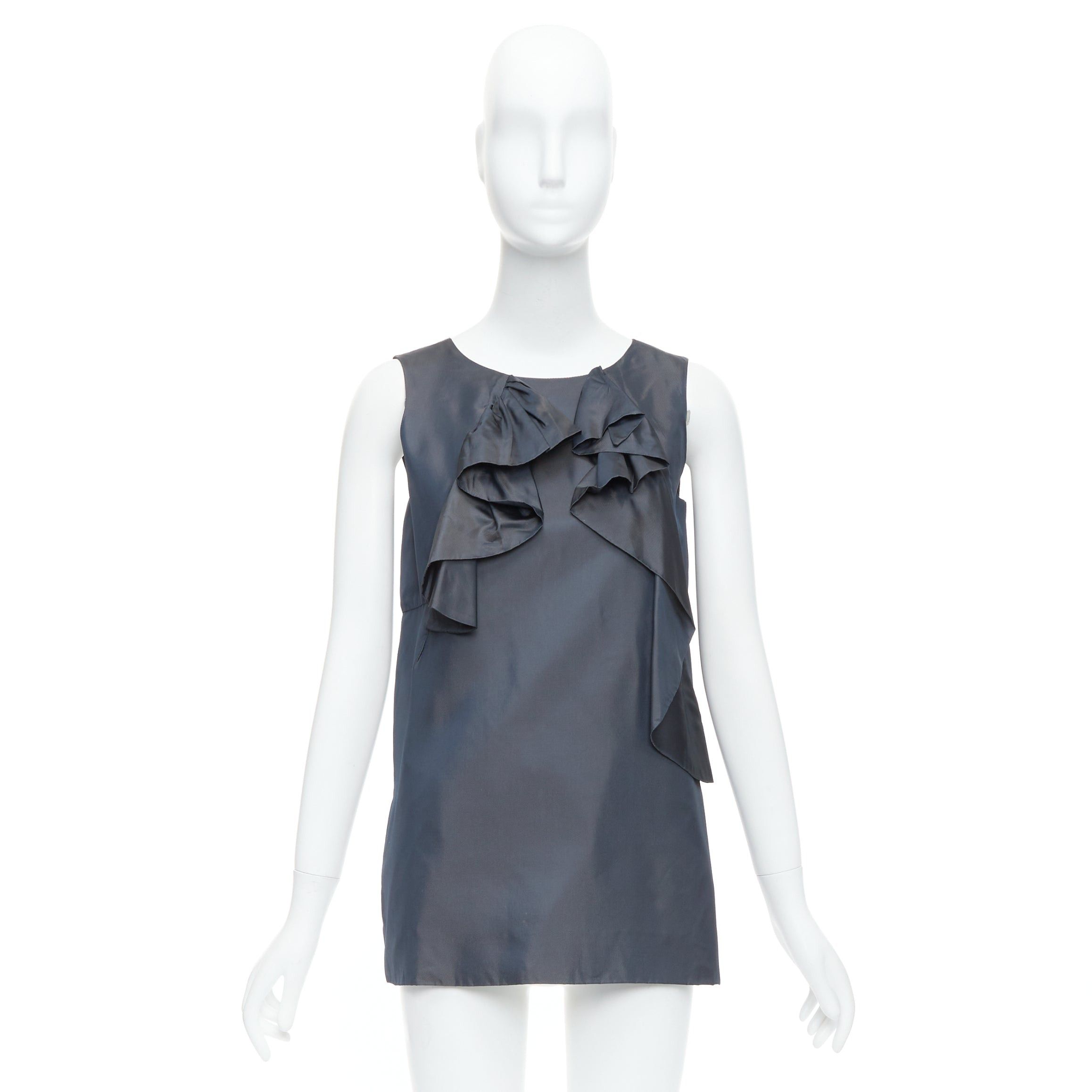 Marni MARNI grey cupro twill ruffle crew neck tunic mini dress IT40 S Size S / US 4 / IT 40 - 9 Thumbnail
