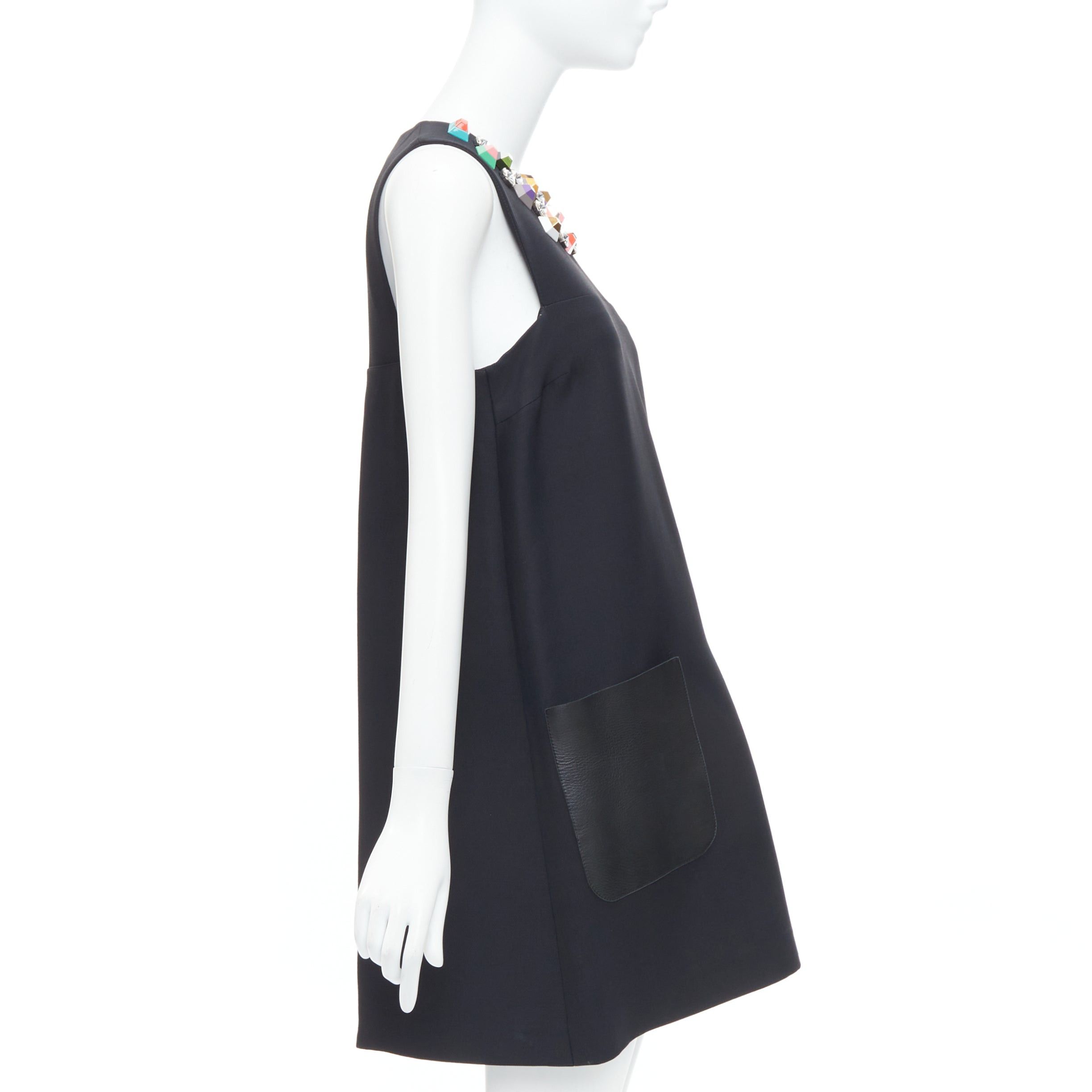 Fendi FENDI black multicolour studded rhinestone neckline leather patch pocket dress IT42 M Size M / US 6-8 / IT 42-44 - 4 Thumbnail