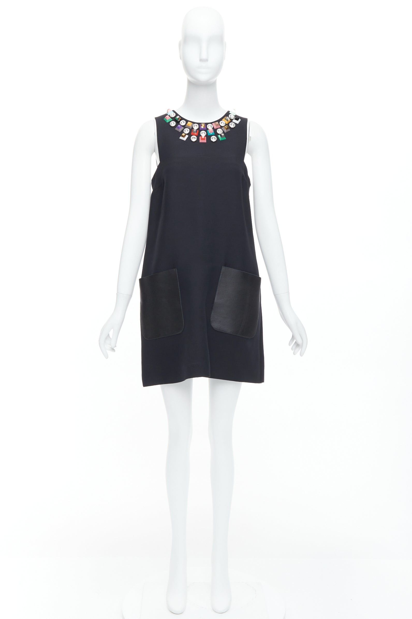 Fendi FENDI black multicolour studded rhinestone neckline leather patch pocket dress IT42 M Size M / US 6-8 / IT 42-44 - 9 Thumbnail