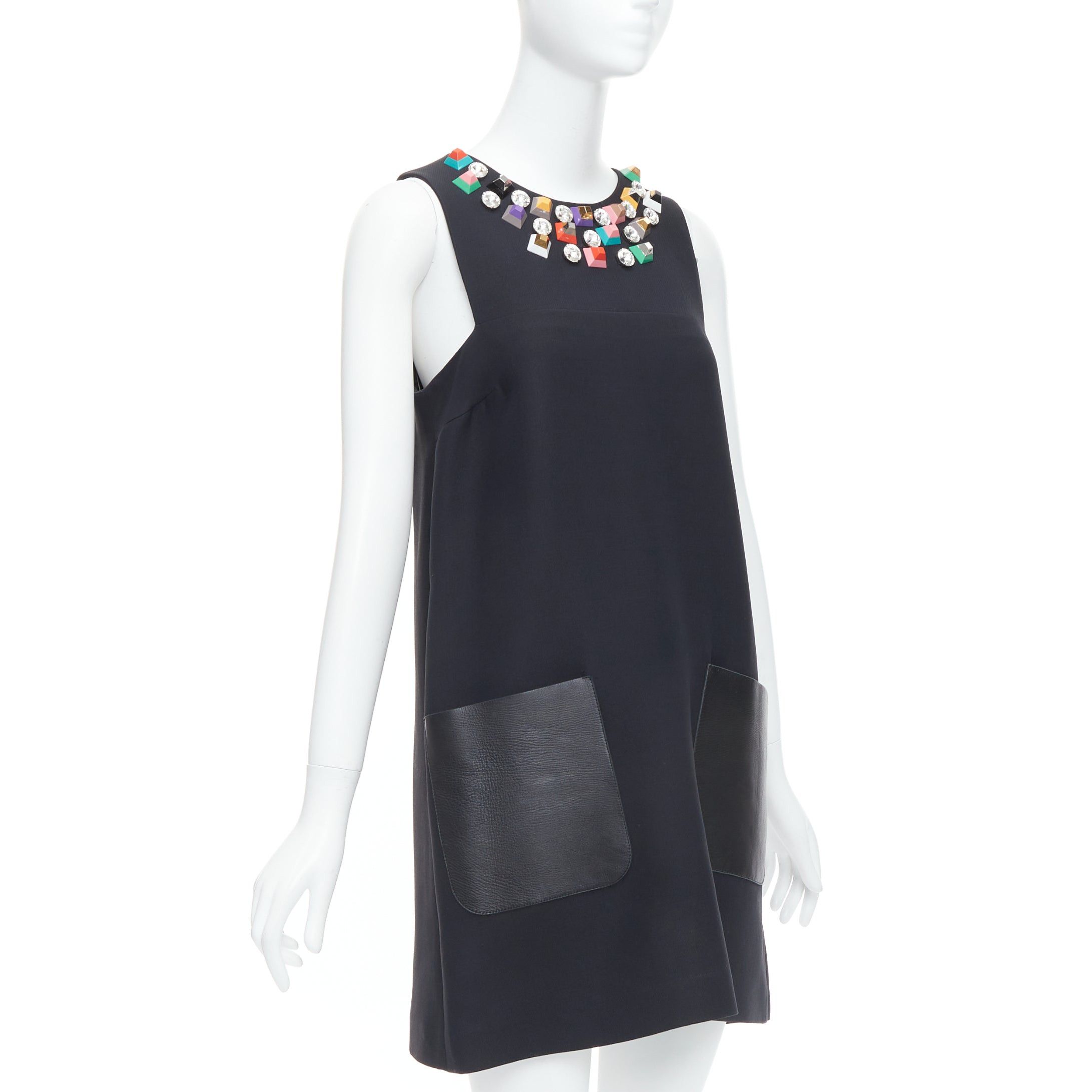 Fendi FENDI black multicolour studded rhinestone neckline leather patch pocket dress IT42 M Size M / US 6-8 / IT 42-44 - 3 Thumbnail