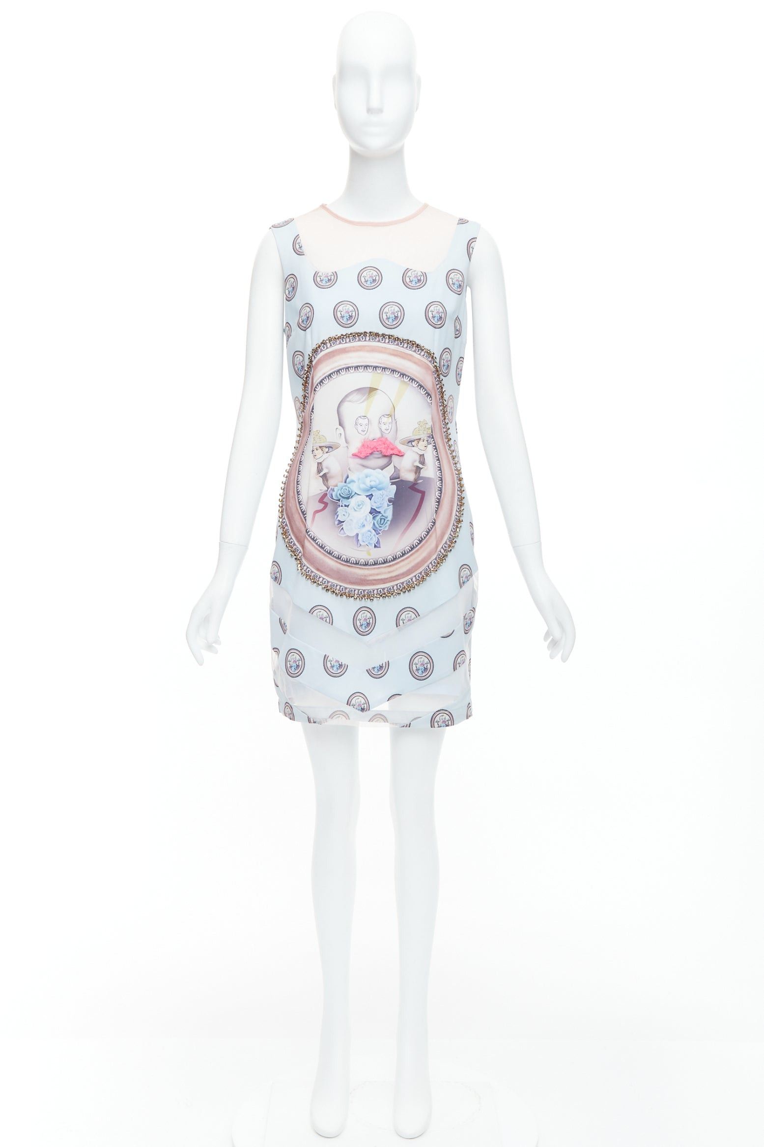 MSGM MSGM baby blue silk blend portrait print embellished shift dress L Size M / US 6-8 / IT 42-44 - 9 Thumbnail
