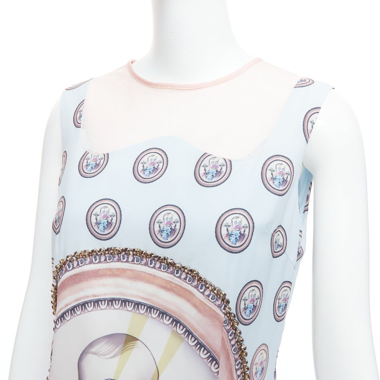 MSGM MSGM baby blue silk blend portrait print embellished shift dress L Size M / US 6-8 / IT 42-44 - 7 Thumbnail