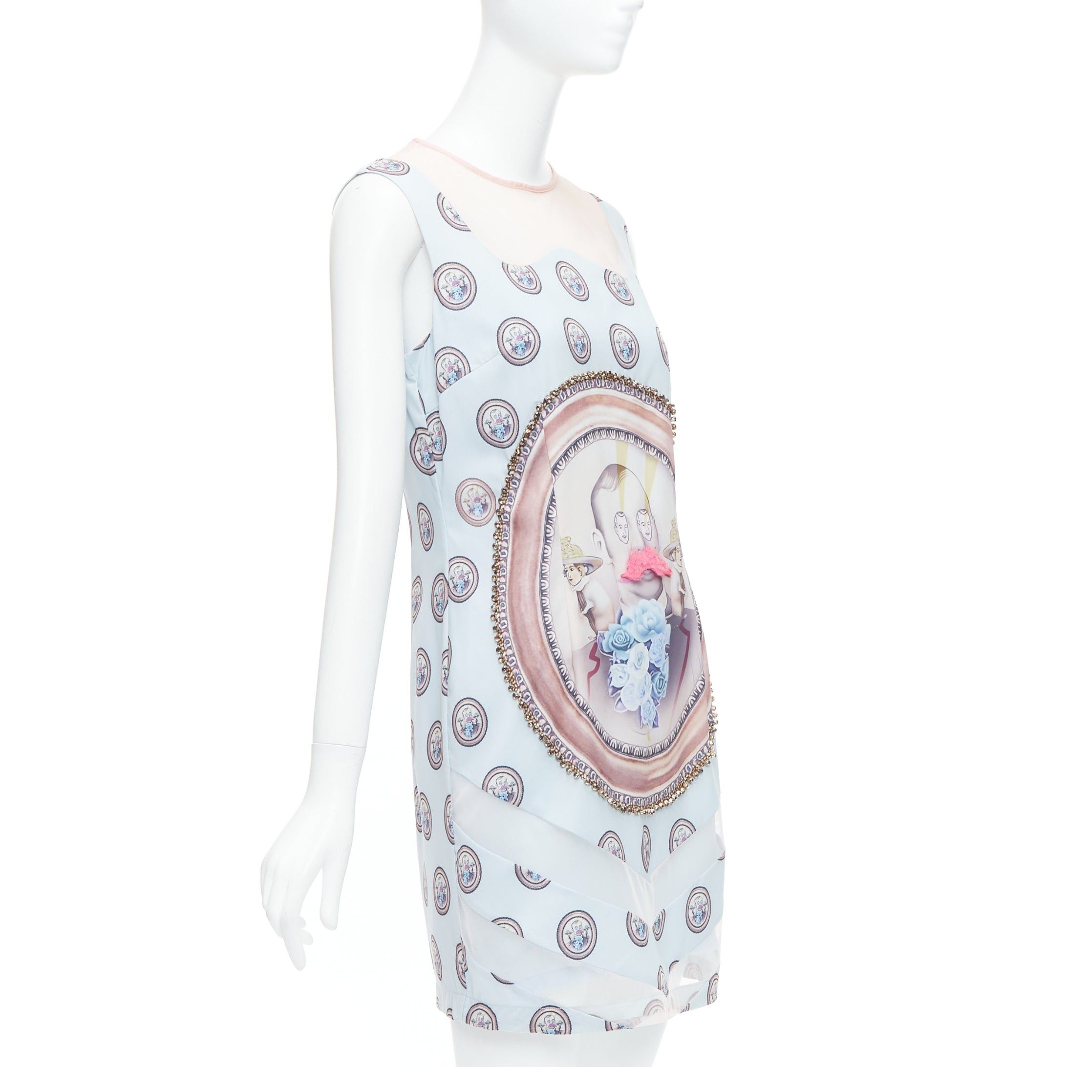 MSGM MSGM baby blue silk blend portrait print embellished shift dress L Size M / US 6-8 / IT 42-44 - 3 Thumbnail