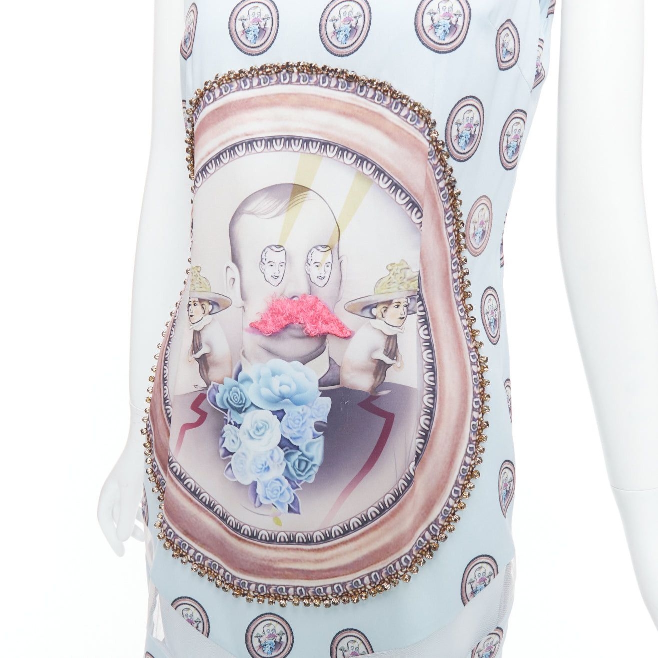 MSGM MSGM baby blue silk blend portrait print embellished shift dress L Size M / US 6-8 / IT 42-44 - 2 Thumbnail