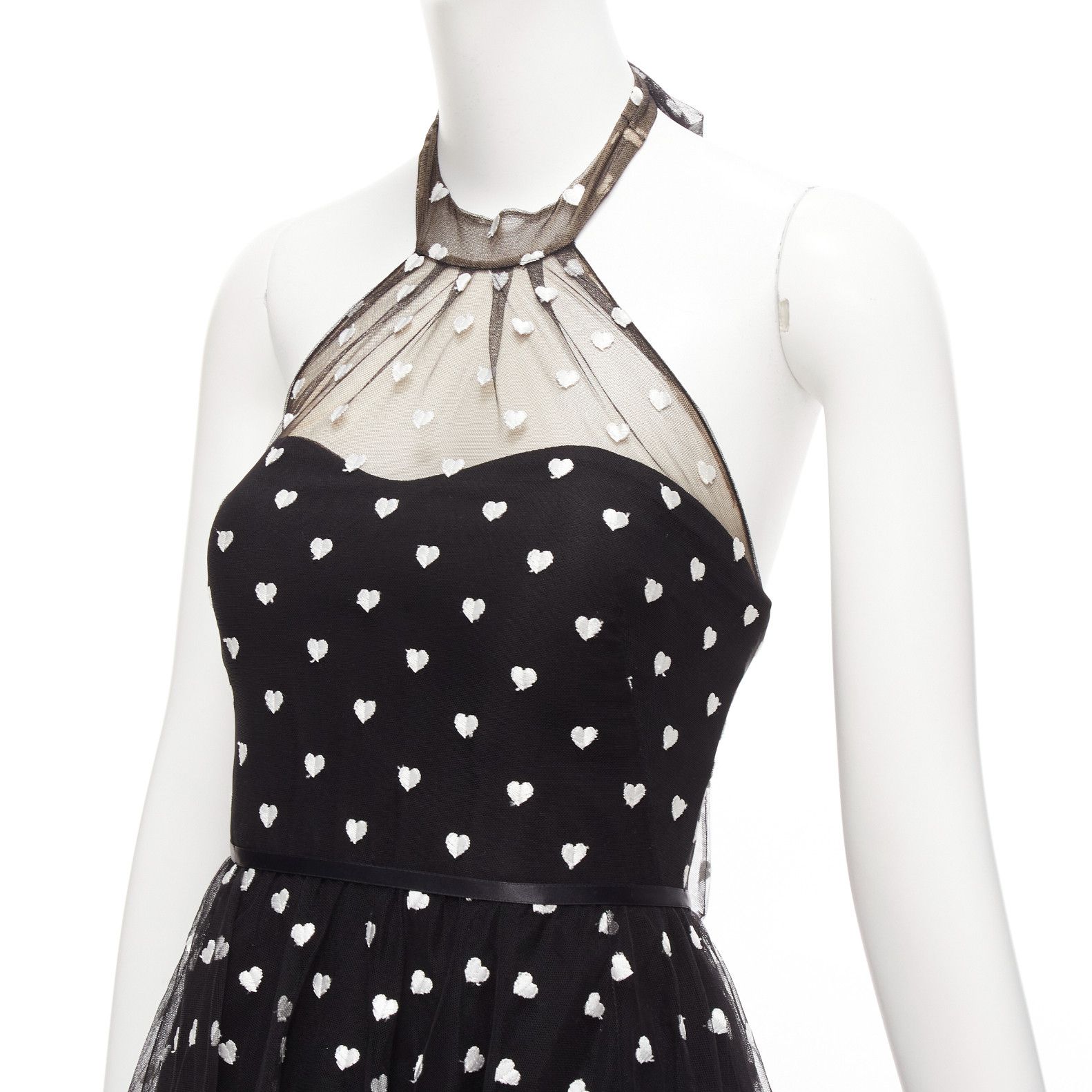 Marchesa MARCHESA NOTTE black mesh white heart embroidered halter neck tiered gown US0 XS Size XS / US 0-2 / IT 36-38 - 2 Thumbnail