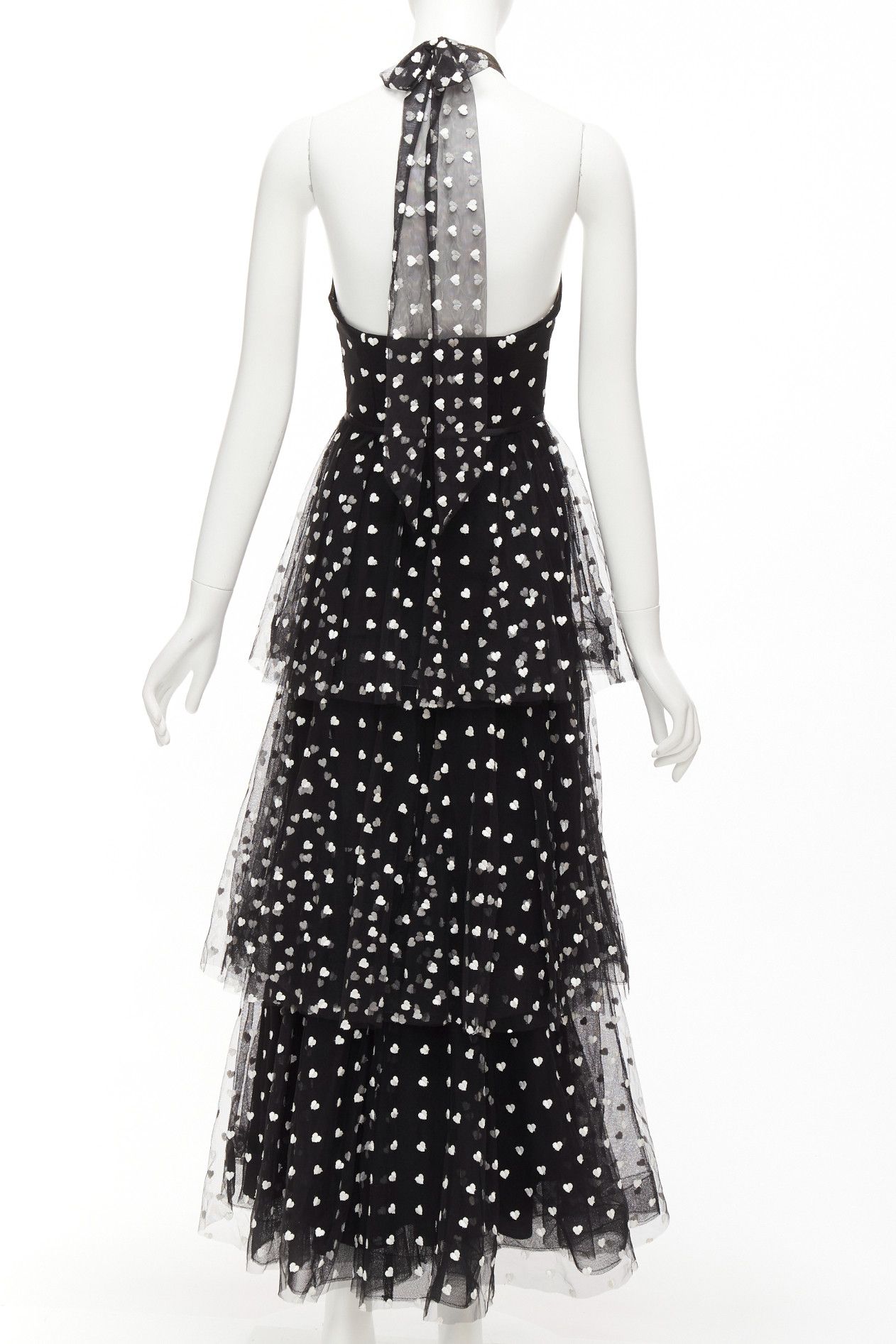 Marchesa MARCHESA NOTTE black mesh white heart embroidered halter neck tiered gown US0 XS Size XS / US 0-2 / IT 36-38 - 5 Thumbnail