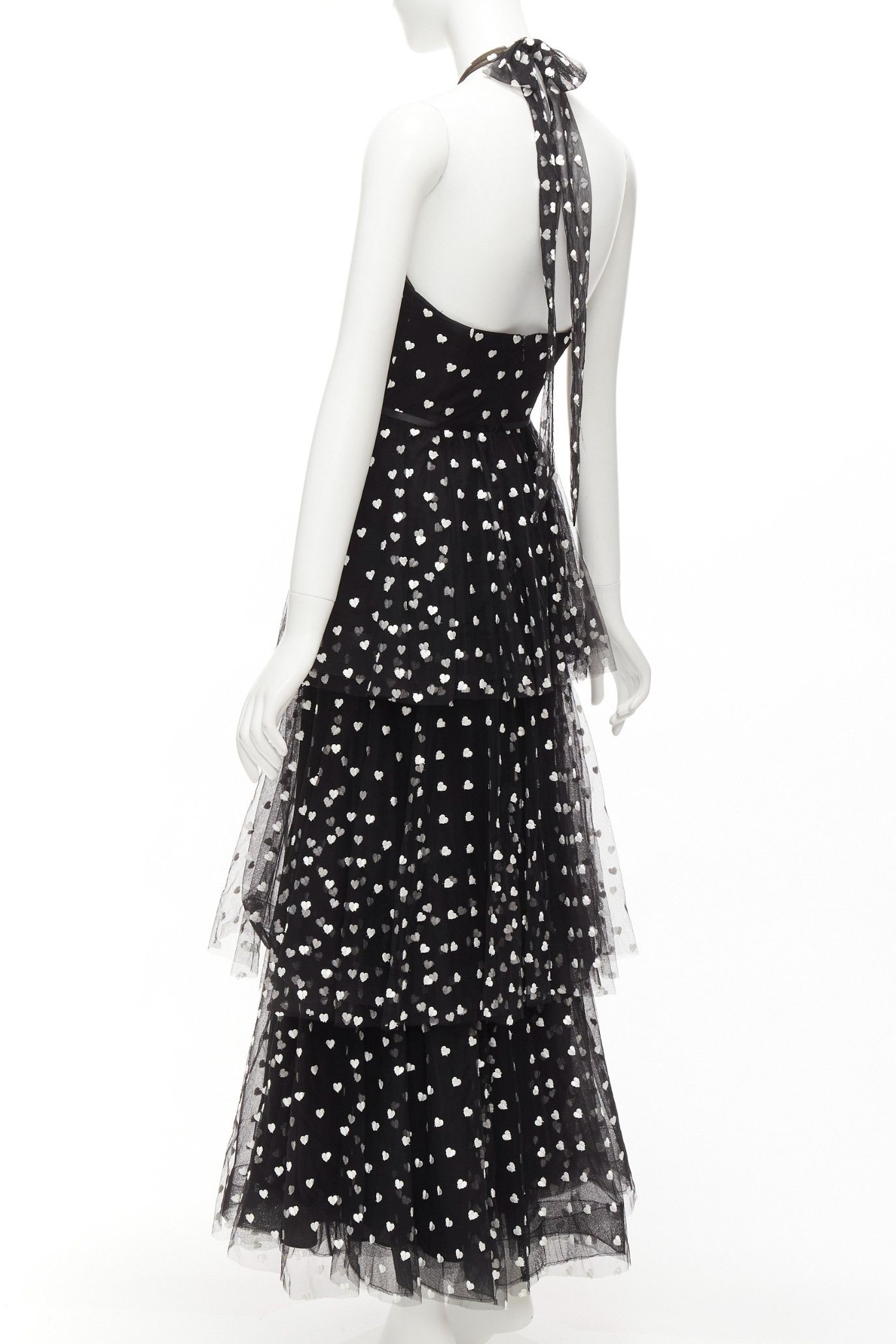 Marchesa MARCHESA NOTTE black mesh white heart embroidered halter neck tiered gown US0 XS Size XS / US 0-2 / IT 36-38 - 6 Thumbnail
