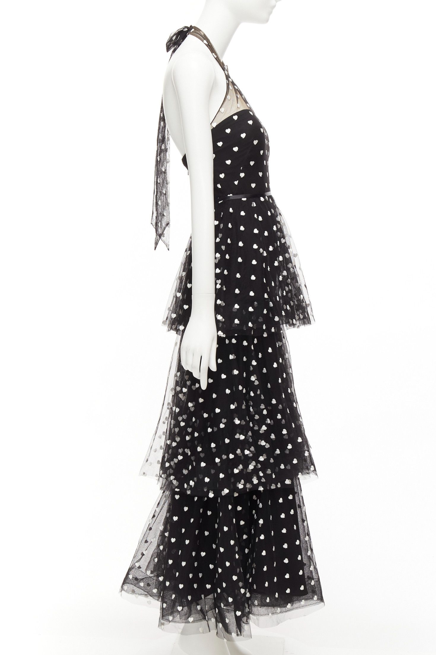 Marchesa MARCHESA NOTTE black mesh white heart embroidered halter neck tiered gown US0 XS Size XS / US 0-2 / IT 36-38 - 4 Thumbnail