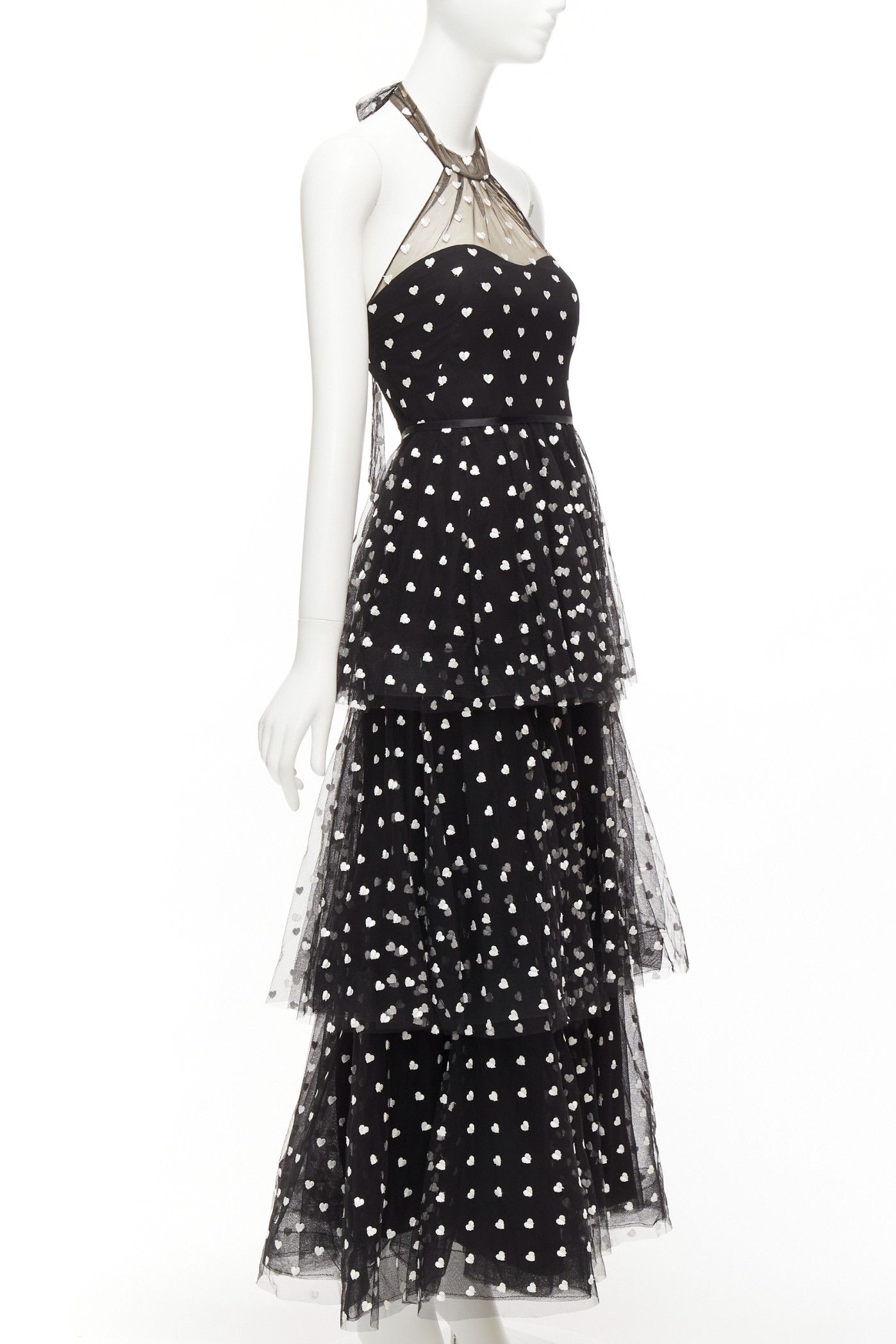 Marchesa MARCHESA NOTTE black mesh white heart embroidered halter neck tiered gown US0 XS Size XS / US 0-2 / IT 36-38 - 3 Thumbnail