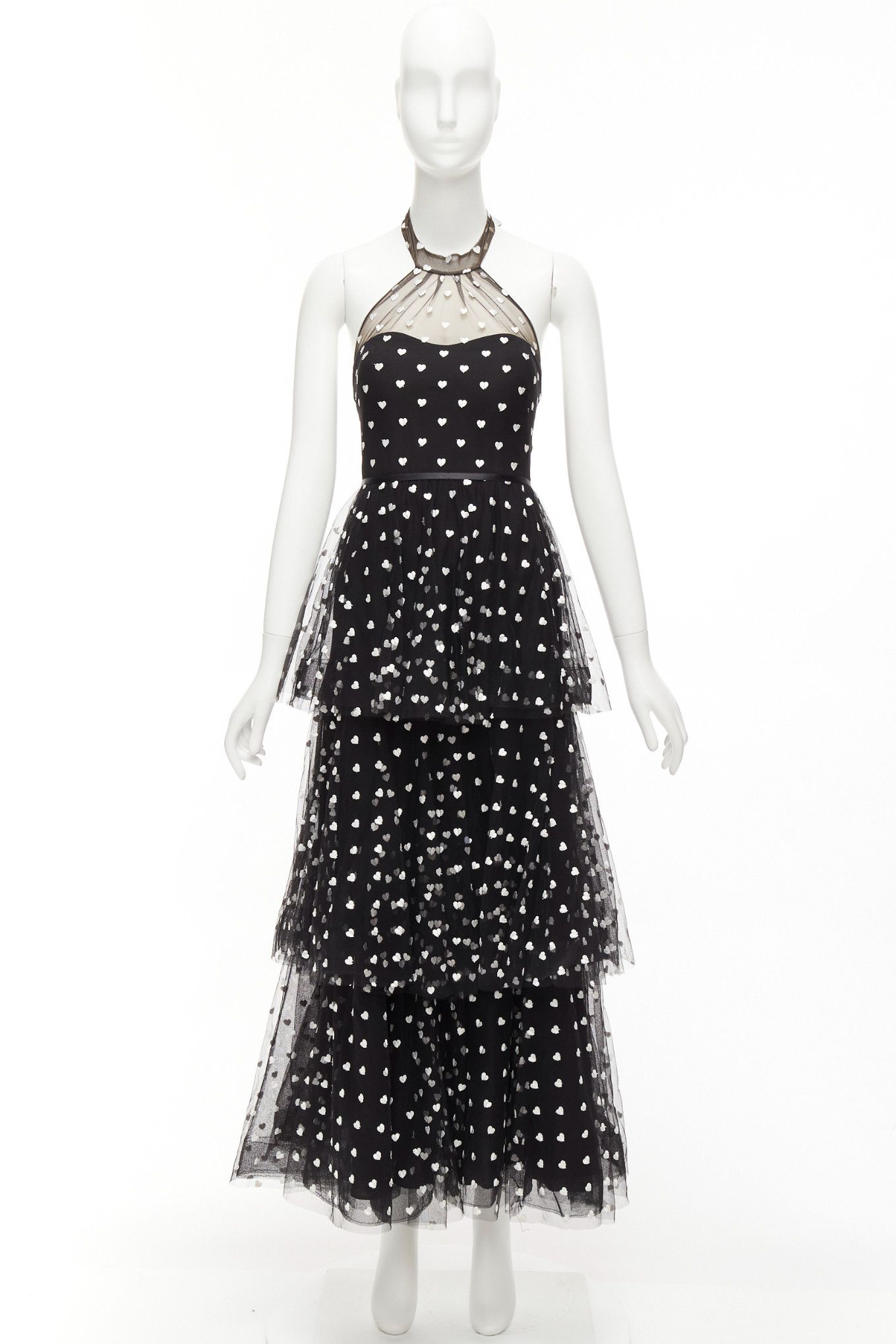 Marchesa MARCHESA NOTTE black mesh white heart embroidered halter neck tiered gown US0 XS Size XS / US 0-2 / IT 36-38 - 10 Thumbnail