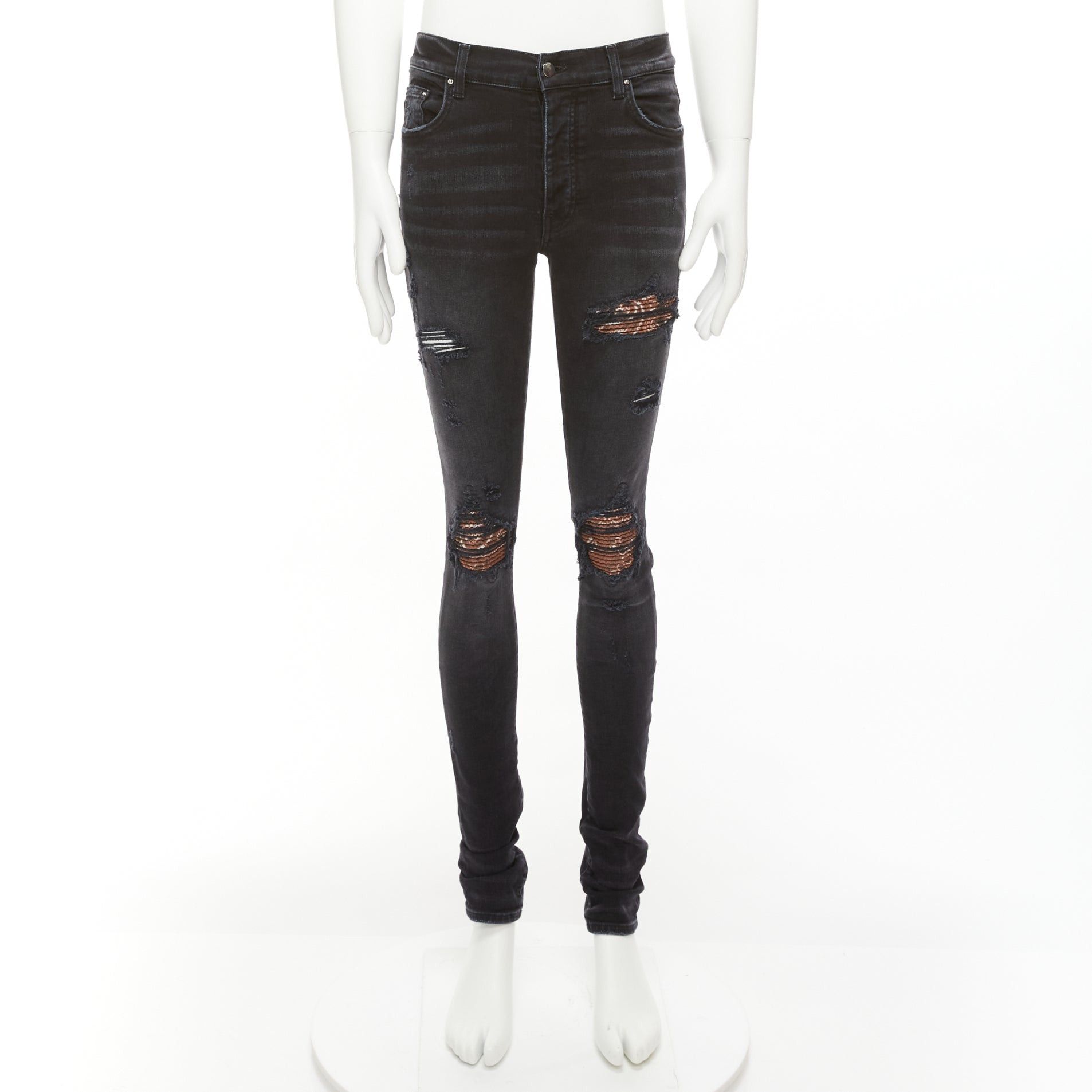 Amiri AMIRI black charcoal distressed brown pleated inserts washed skinny jeans 31" Size US 30 / EU 46 - 9 Thumbnail