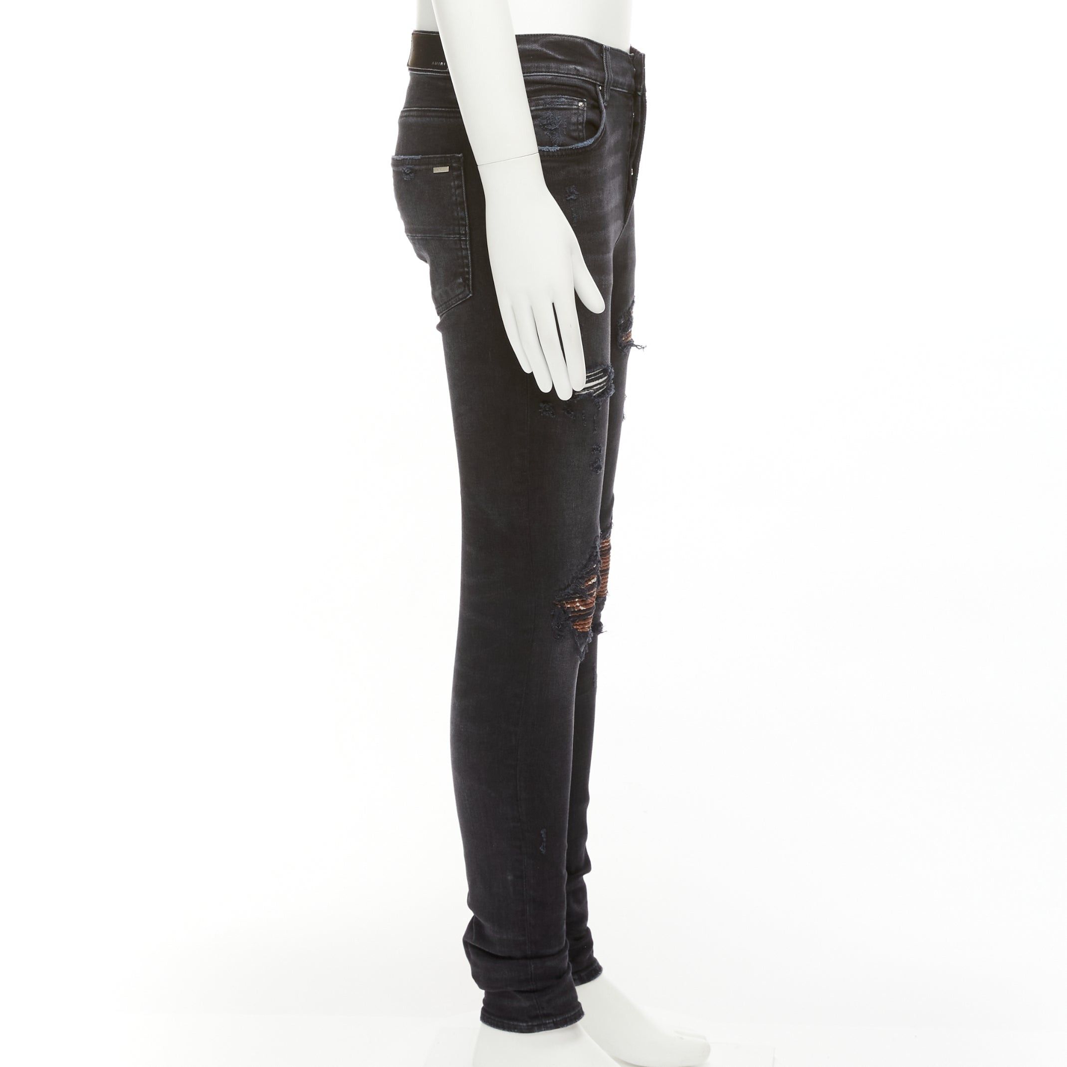Amiri AMIRI black charcoal distressed brown pleated inserts washed skinny jeans 31" Size US 30 / EU 46 - 4 Thumbnail
