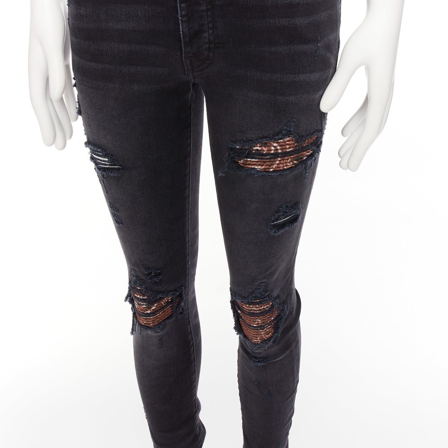 Amiri AMIRI black charcoal distressed brown pleated inserts washed skinny jeans 31" Size US 30 / EU 46 - 2 Thumbnail