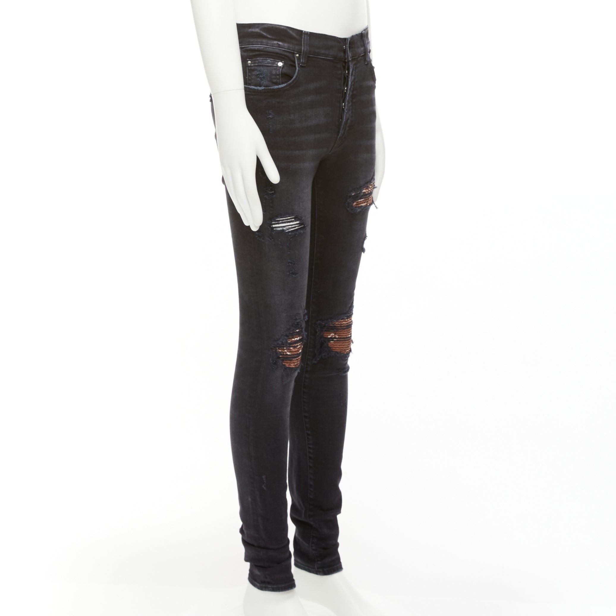 Amiri AMIRI black charcoal distressed brown pleated inserts washed skinny jeans 31" Size US 30 / EU 46 - 3 Thumbnail