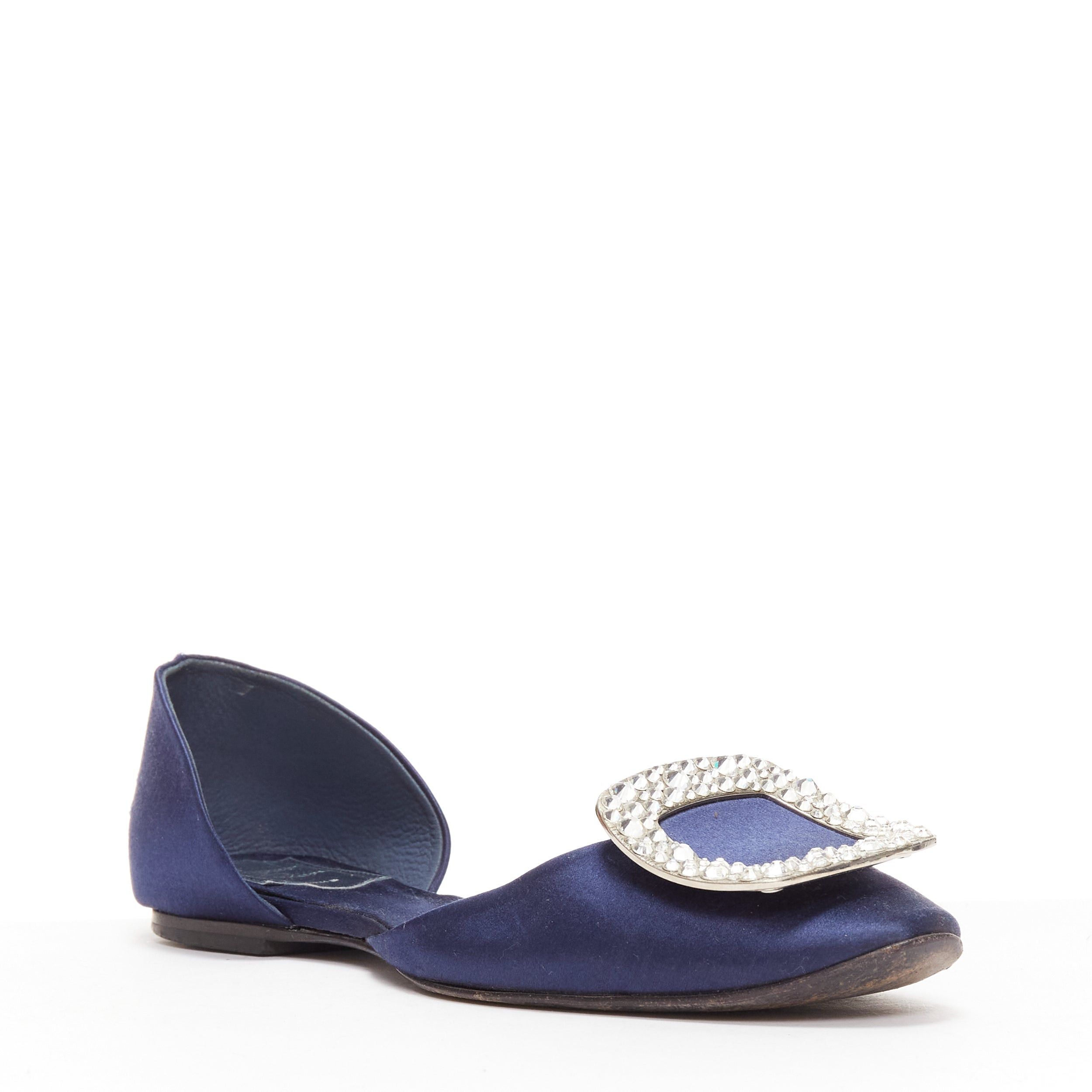 Roger Vivier ROGER VIVIER Chips Strass navy satin crystal square buckles flat shoes EU35 Size US 5 / IT 35 - 3 Thumbnail