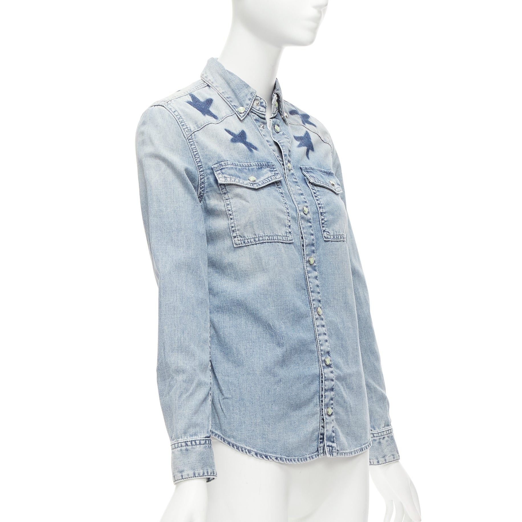 Givenchy GIVENCHY Riccardo Tisci blue distressed denim star collar dress shirt FR36 S Size S / US 4 / IT 40 - 4 Thumbnail