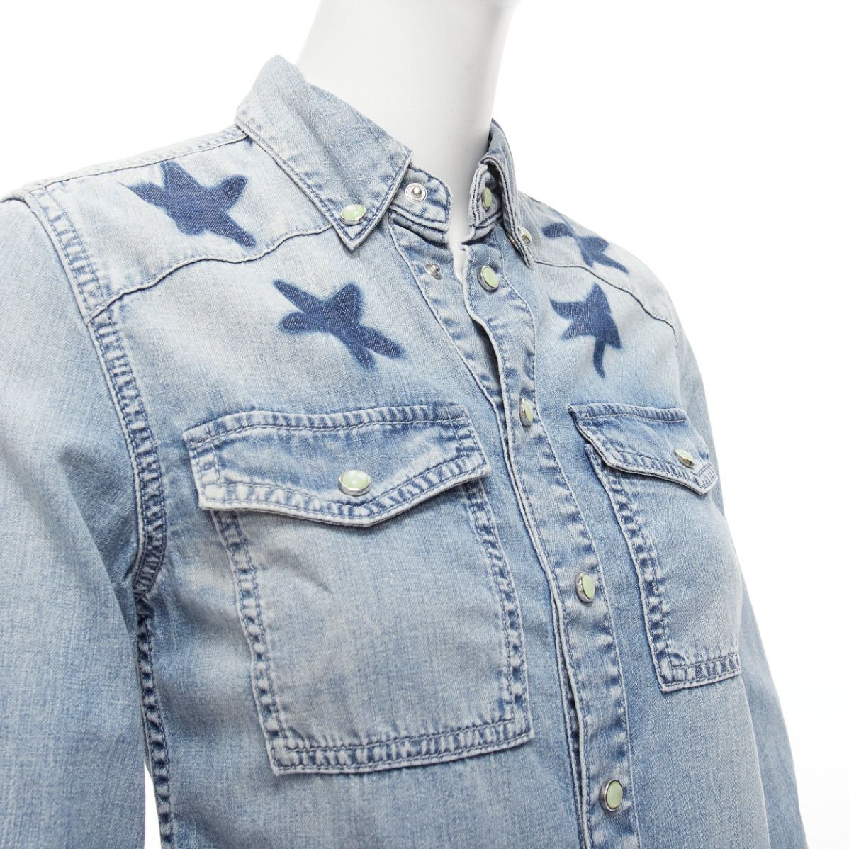 Givenchy GIVENCHY Riccardo Tisci blue distressed denim star collar dress shirt FR36 S Size S / US 4 / IT 40 - 2 Thumbnail
