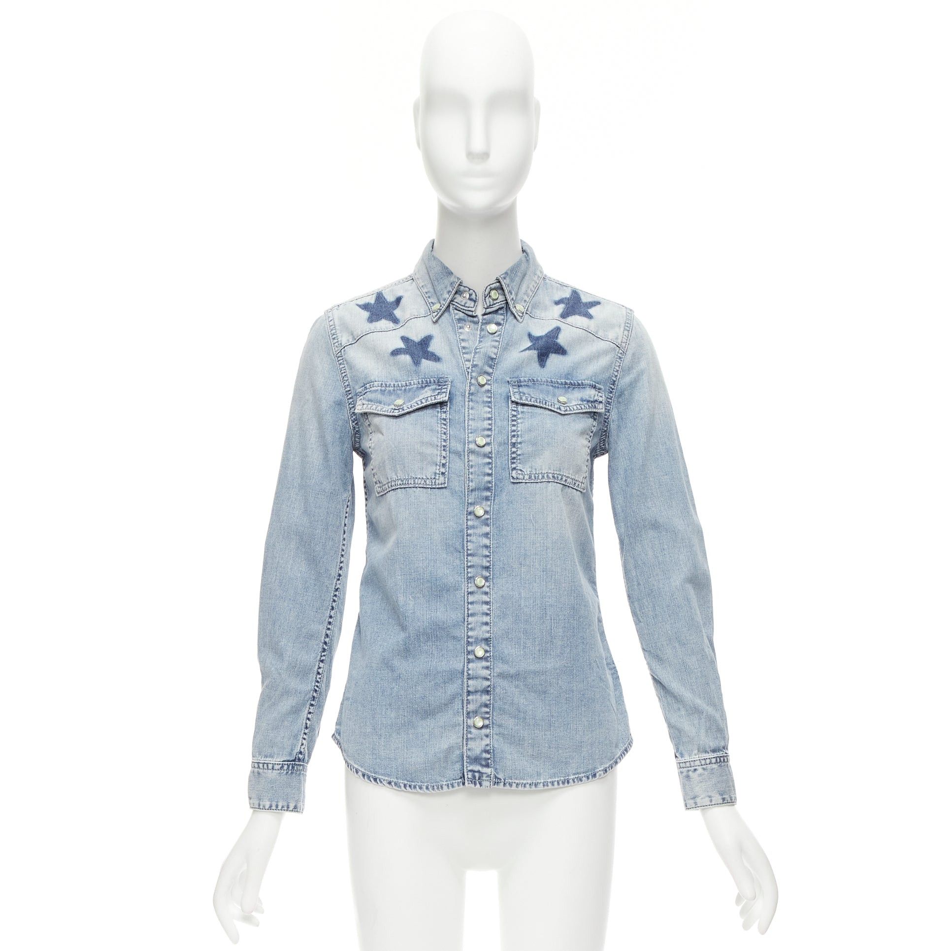 Givenchy GIVENCHY Riccardo Tisci blue distressed denim star collar dress shirt FR36 S Size S / US 4 / IT 40 - 10 Thumbnail