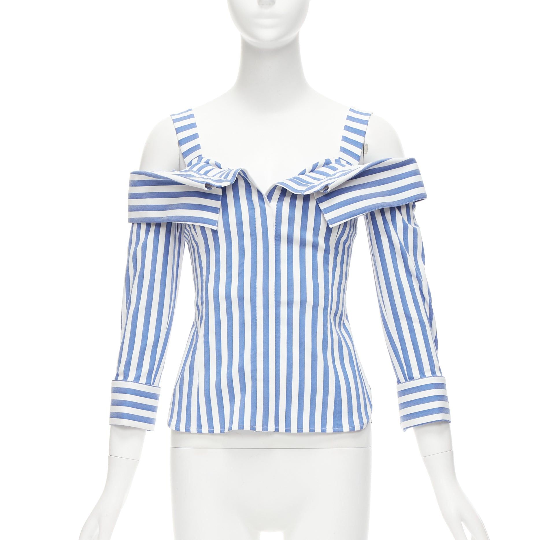 MONSE MONSE blue white striped cold shoulder corseted cropped sleeve top US0 XS Size XS / US 0-2 / IT 36-38 - 3 Thumbnail