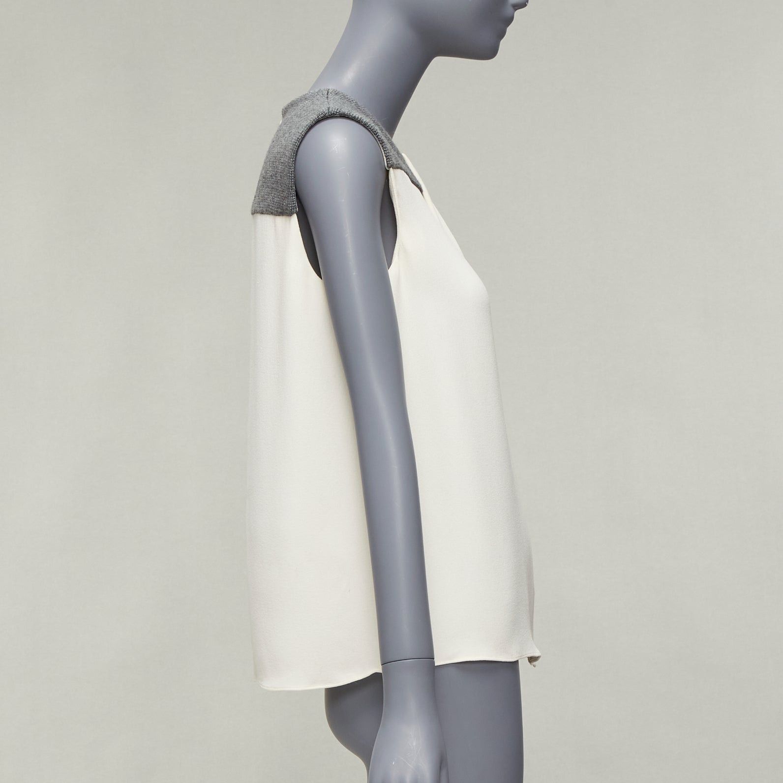Balenciaga BALENCIAGA Silk 2014 cream silk crepe grey knitted yoke cut out blouse FR38 M Size M / US 6-8 / IT 42-44 - 4 Thumbnail