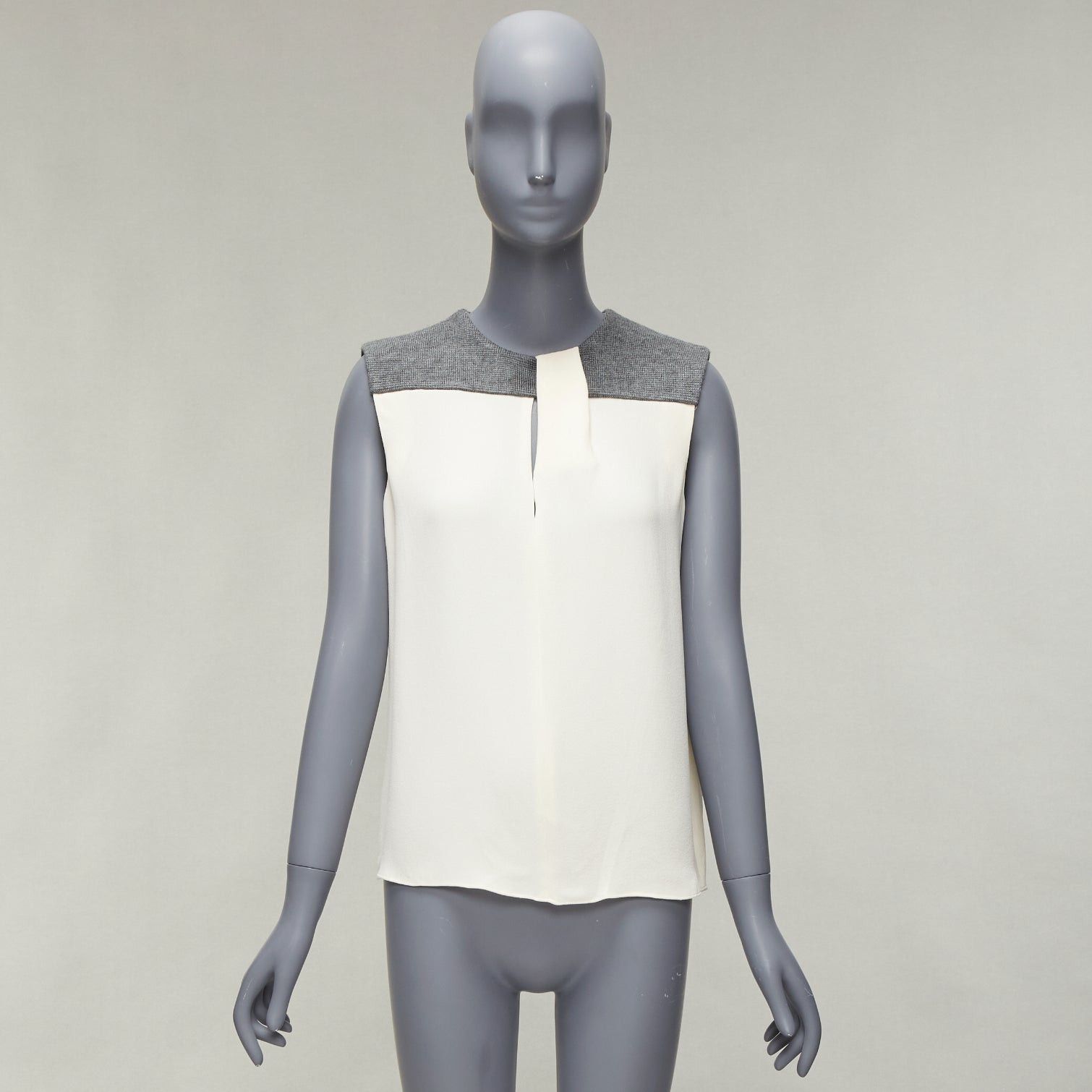 Balenciaga BALENCIAGA Silk 2014 cream silk crepe grey knitted yoke cut out blouse FR38 M Size M / US 6-8 / IT 42-44 - 9 Thumbnail