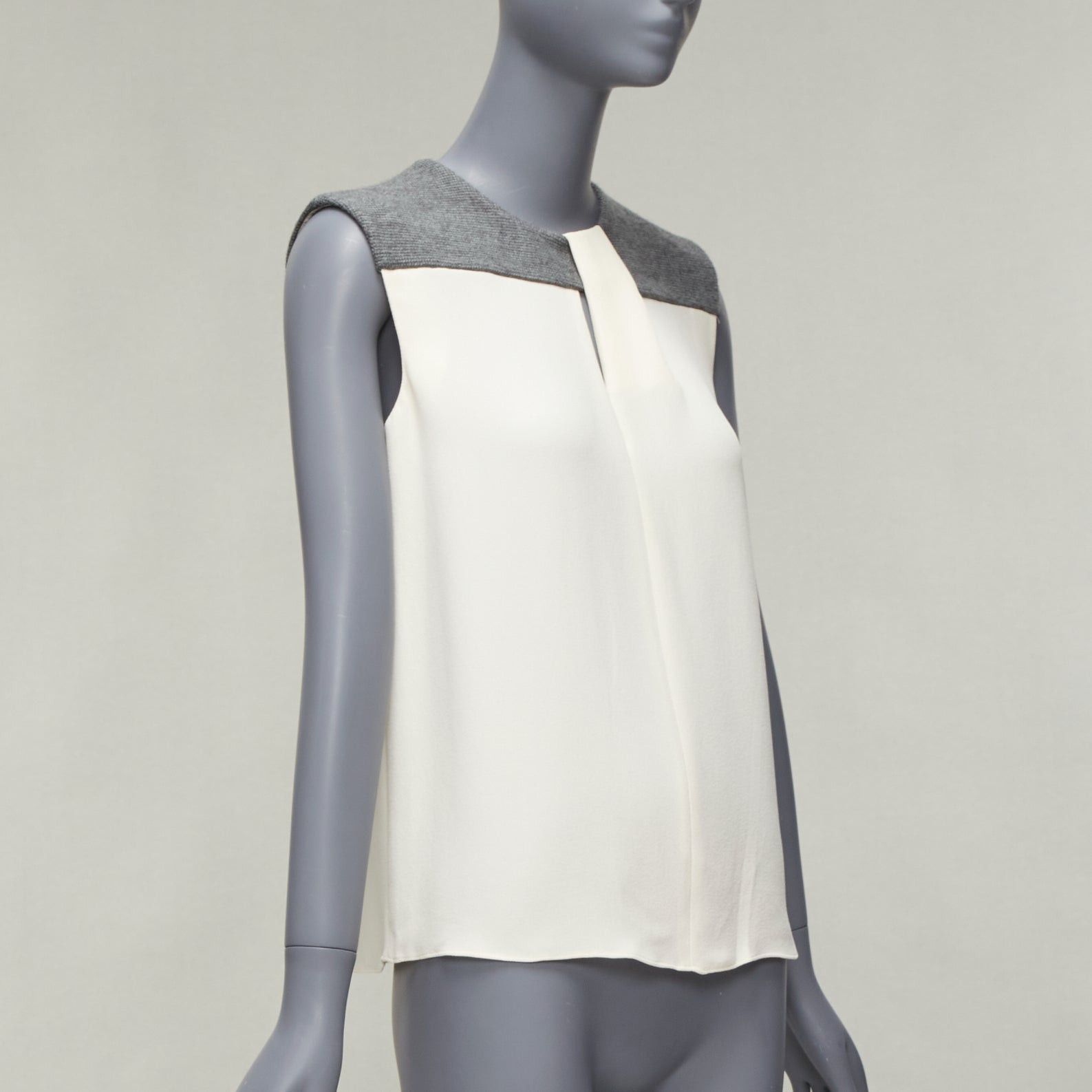 Balenciaga BALENCIAGA Silk 2014 cream silk crepe grey knitted yoke cut out blouse FR38 M Size M / US 6-8 / IT 42-44 - 3 Thumbnail