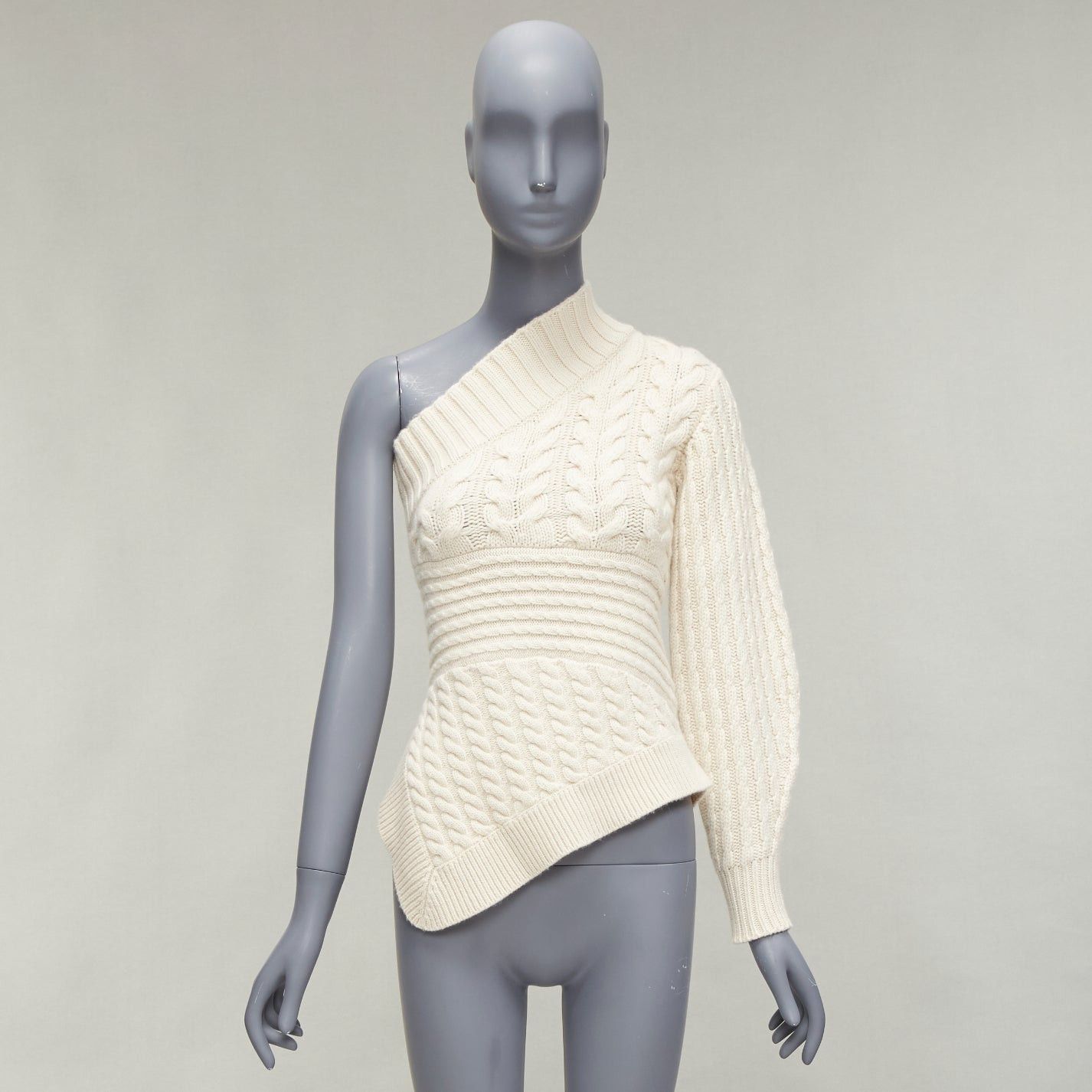 Burberry BURBERRY 100% cashmere cream one shoulder mixed cable knit pullover sweater XS Size S / US 4 / IT 40 - 9 Thumbnail
