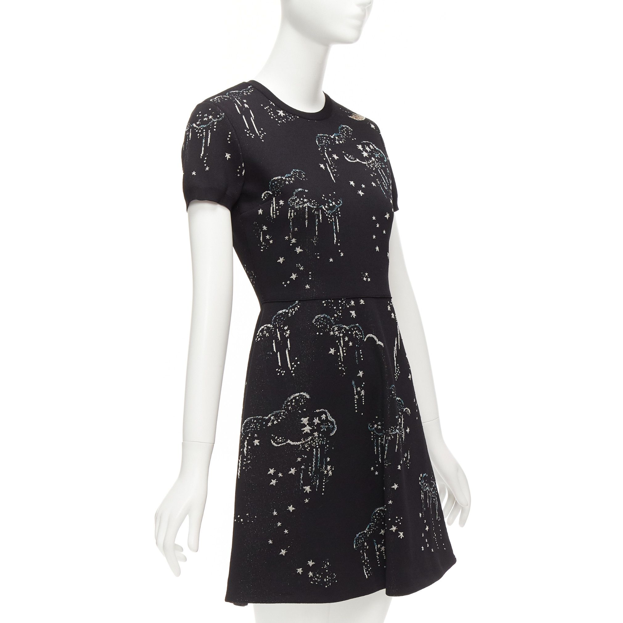 Valentino VALENTINO black glitter cloud star jacquard short sleeve fit flare dress S Size S / US 4 / IT 40 - 3 Thumbnail