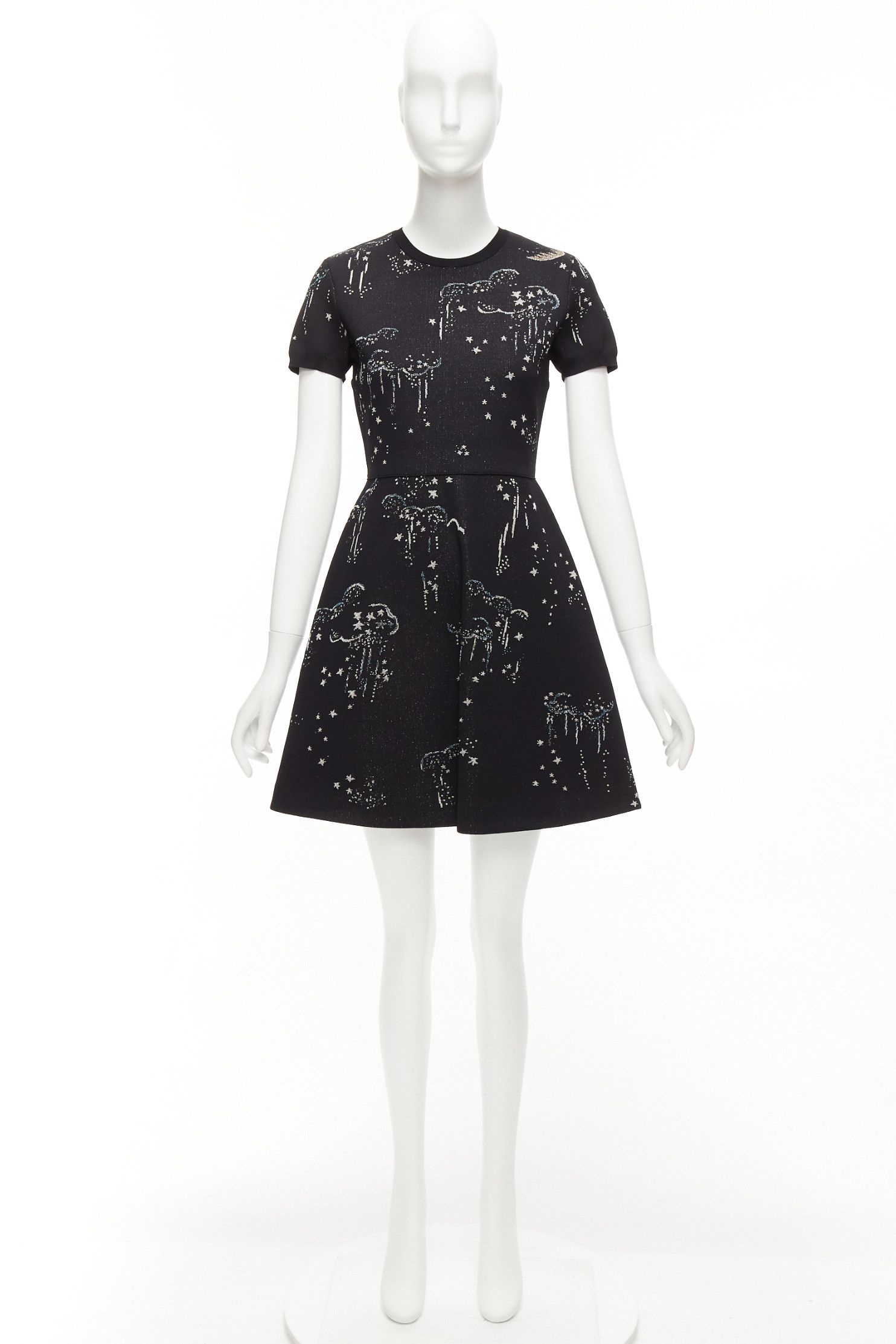 Valentino VALENTINO black glitter cloud star jacquard short sleeve fit flare dress S Size S / US 4 / IT 40 - 9 Thumbnail