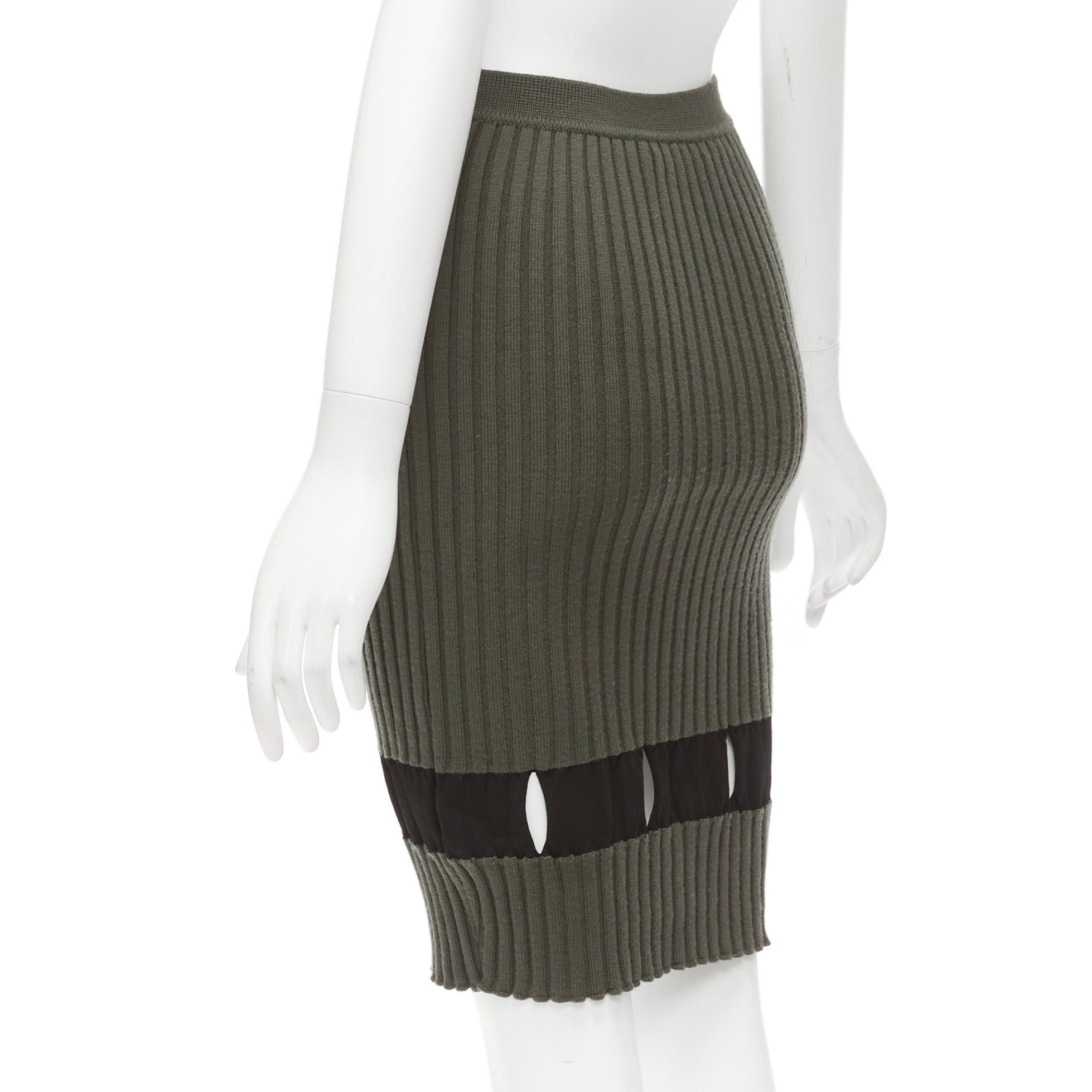 Alexander Wang ALEXANDER WANG khaki black ribbed cut out pencil knee skirt XS Size 26" / US 2 / IT 38 - 6 Thumbnail