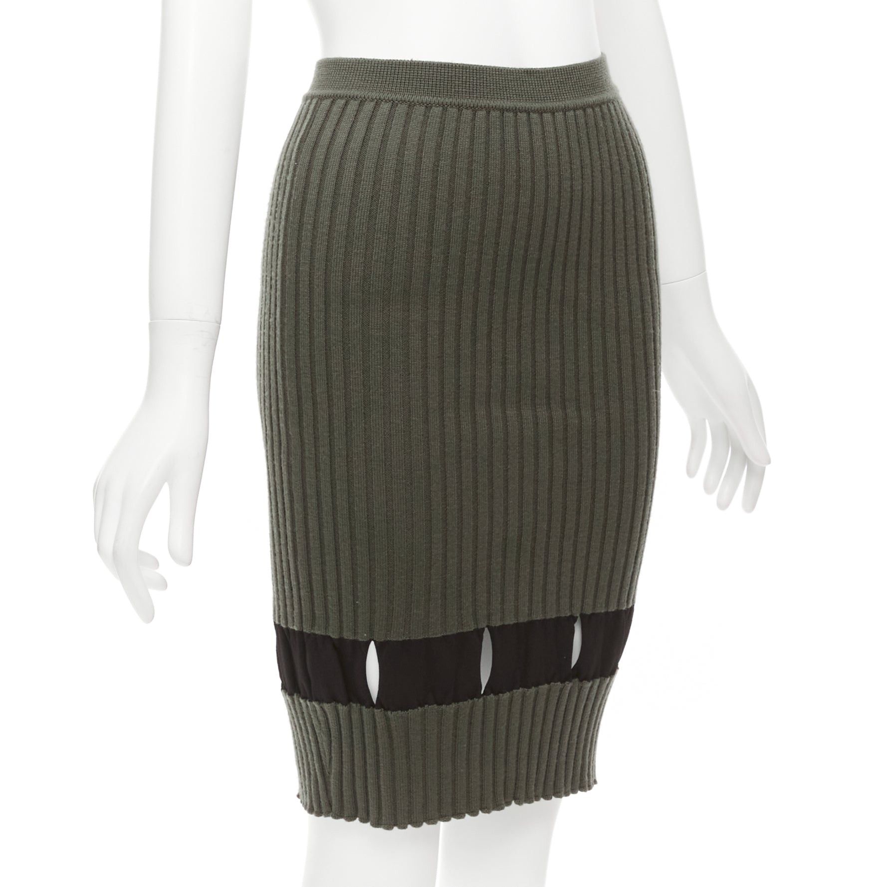 Alexander Wang ALEXANDER WANG khaki black ribbed cut out pencil knee skirt XS Size 26" / US 2 / IT 38 - 3 Thumbnail