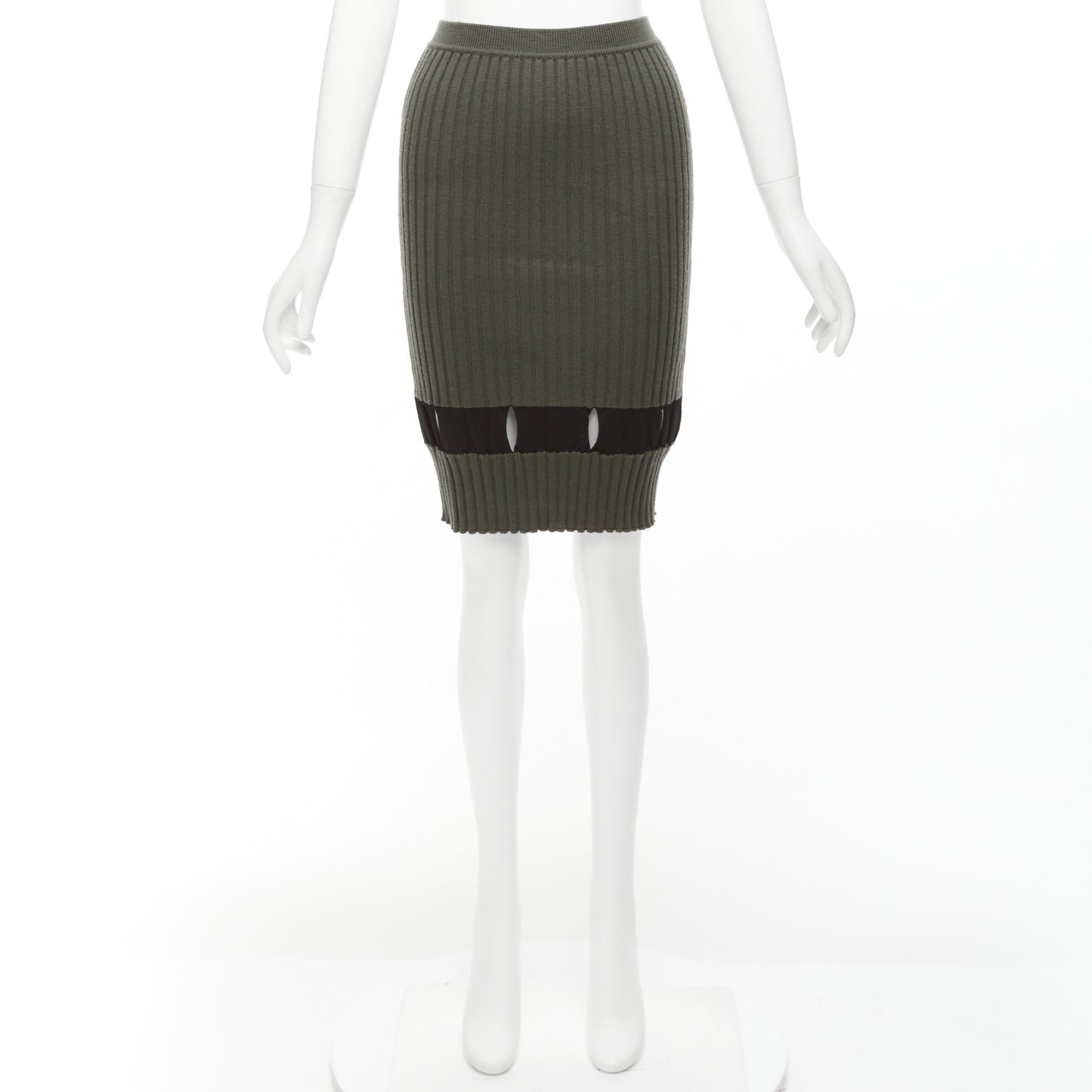 Alexander Wang ALEXANDER WANG khaki black ribbed cut out pencil knee skirt XS Size 26" / US 2 / IT 38 - 9 Thumbnail