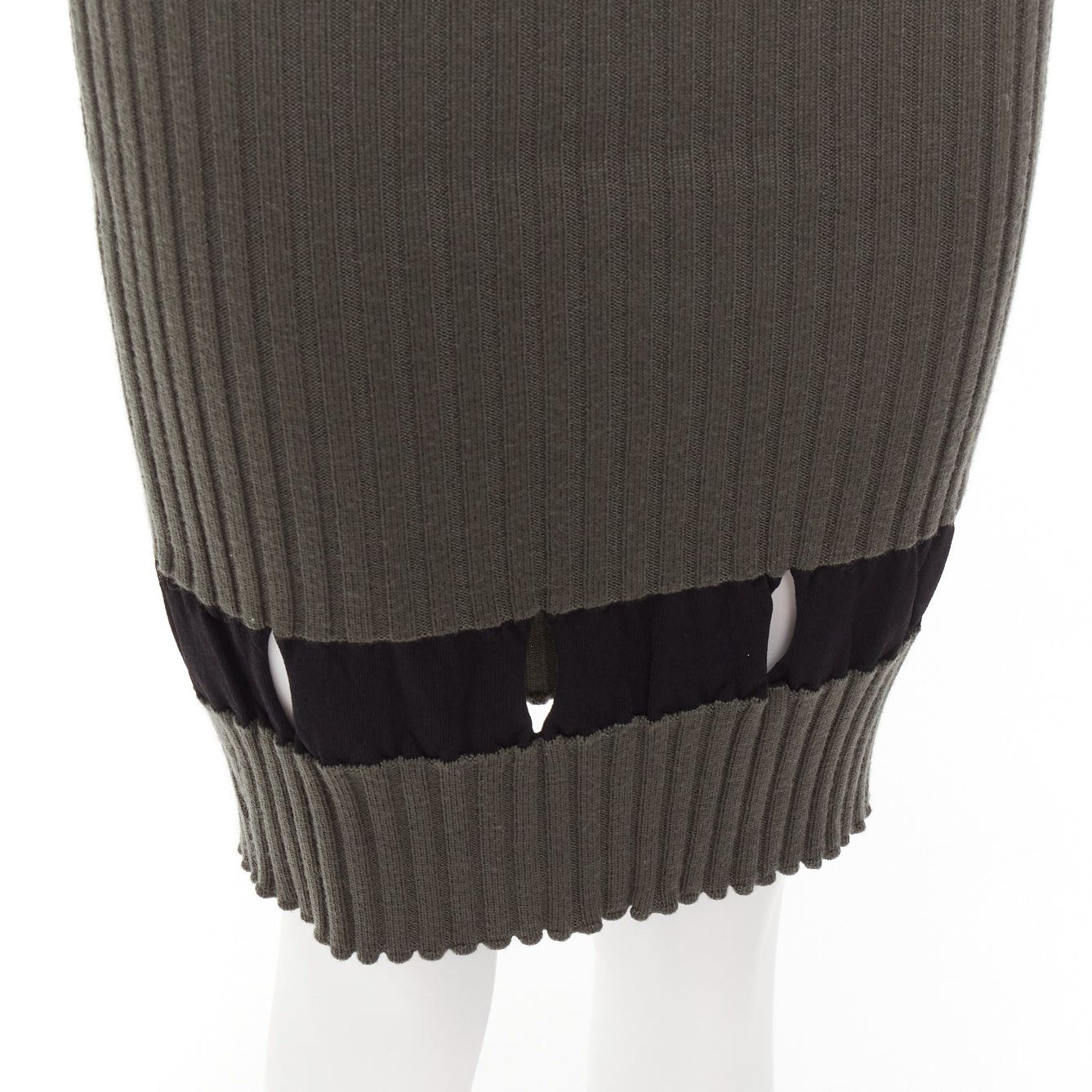 Alexander Wang ALEXANDER WANG khaki black ribbed cut out pencil knee skirt XS Size 26" / US 2 / IT 38 - 7 Thumbnail
