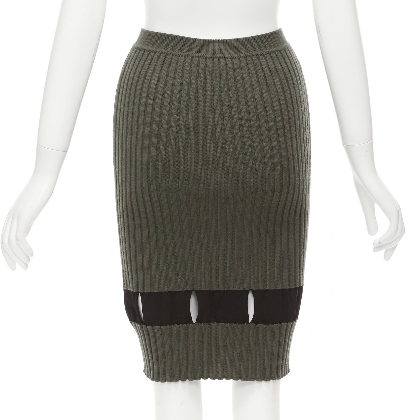 Alexander Wang ALEXANDER WANG khaki black ribbed cut out pencil knee skirt XS Size 26" / US 2 / IT 38 - 5 Thumbnail