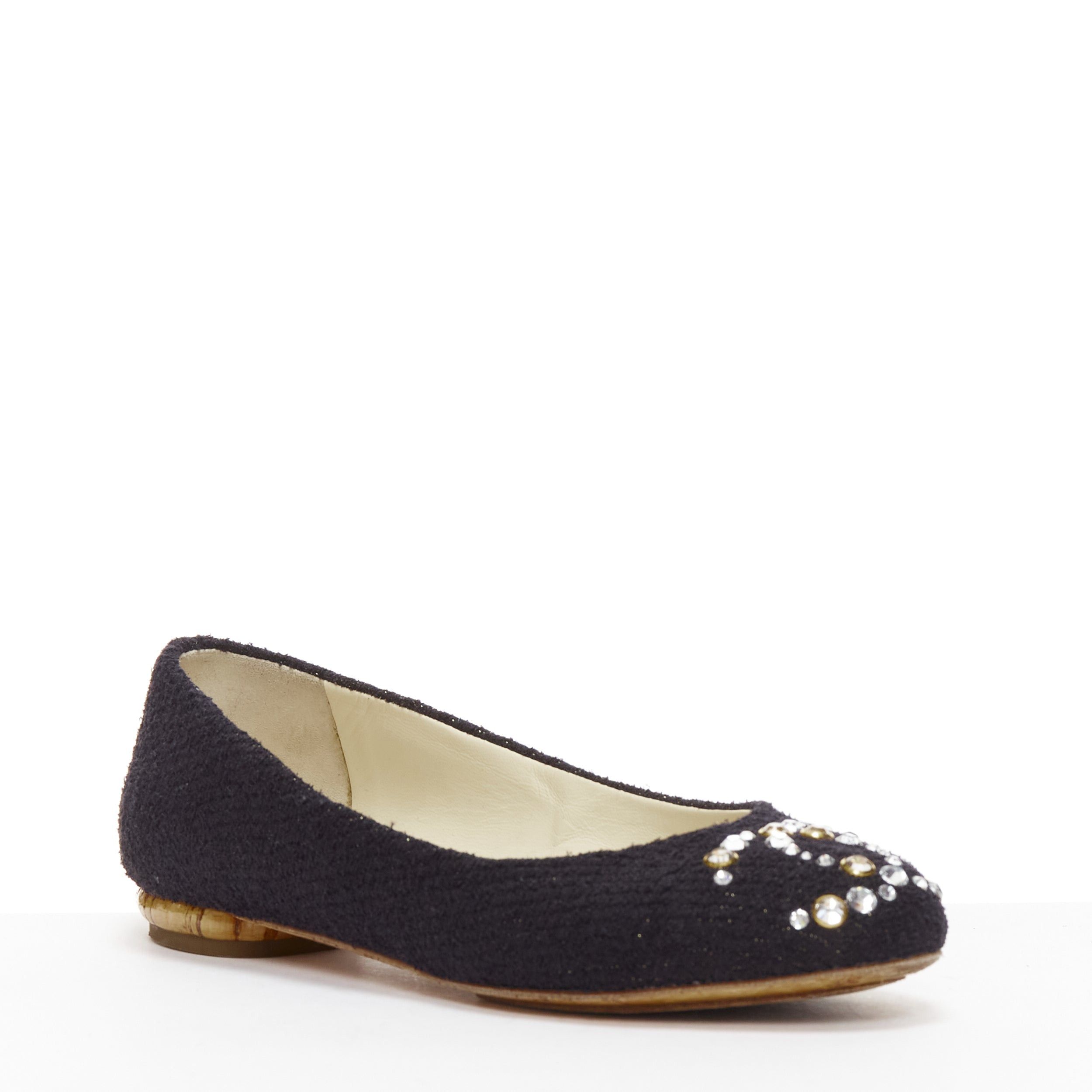 Chanel CHANEL black tweed crystal CC embellished logo round toe flat shoes EU35 Size US 5 / IT 35 - 3 Thumbnail