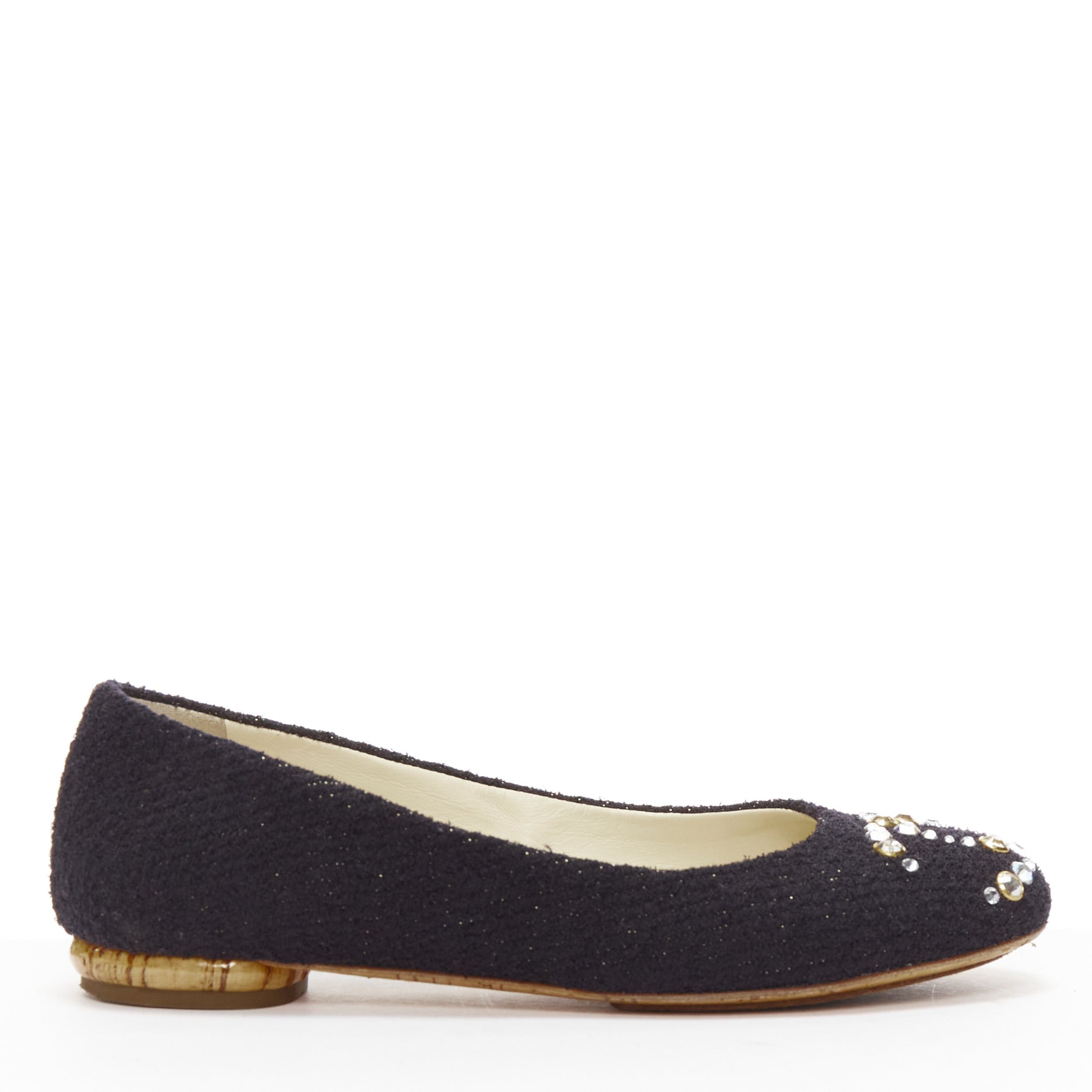 Chanel CHANEL black tweed crystal CC embellished logo round toe flat shoes EU35 Size US 5 / IT 35 - 2 Thumbnail