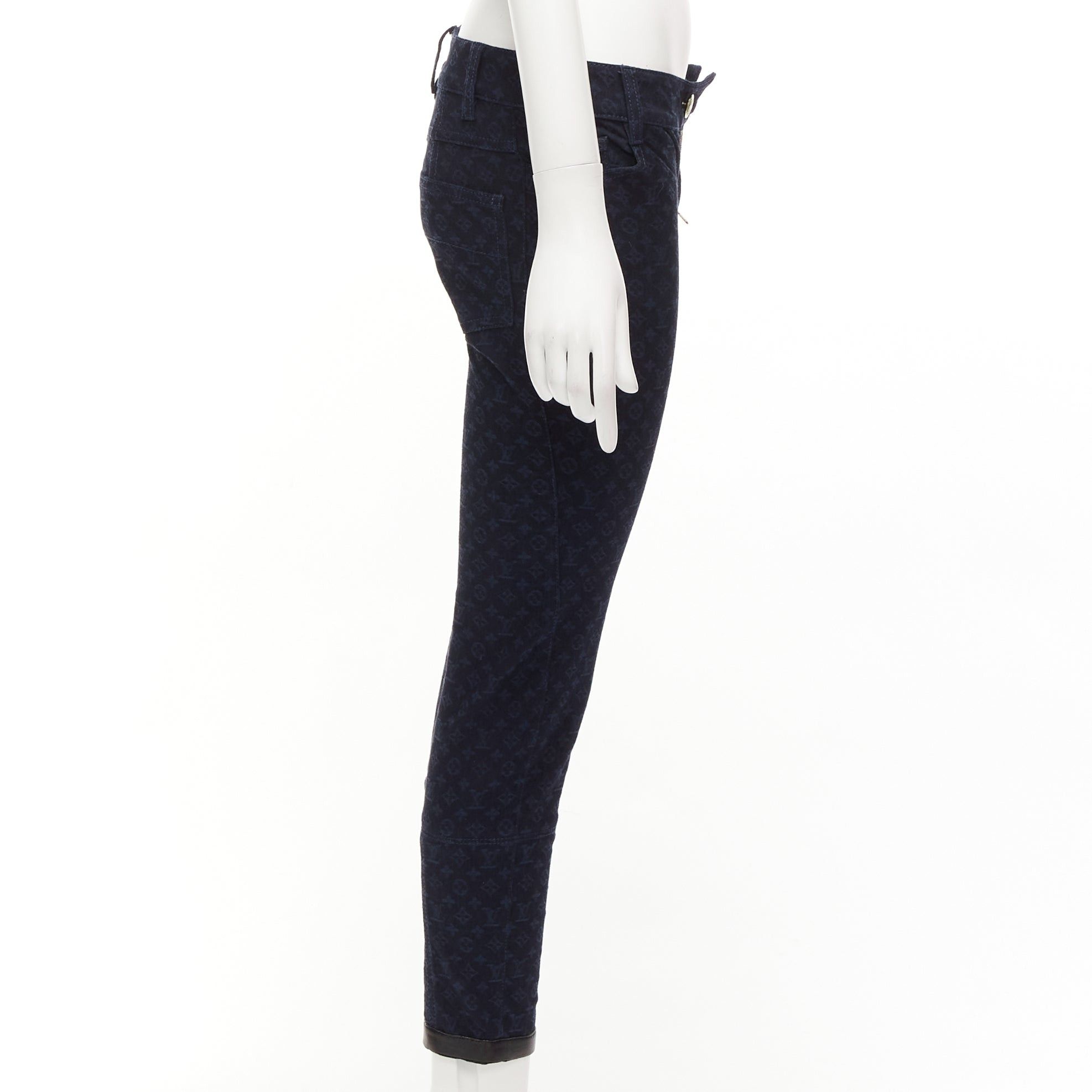 Louis Vuitton LOUIS VUITTON dark blue LV monogram black leather trim skinny jeans FR34 XS Size 26" / US 2 / IT 38 - 4 Thumbnail