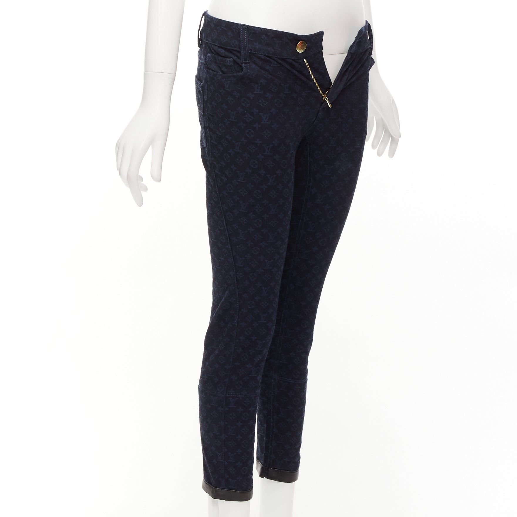 Louis Vuitton LOUIS VUITTON dark blue LV monogram black leather trim skinny jeans FR34 XS Size 26" / US 2 / IT 38 - 3 Thumbnail