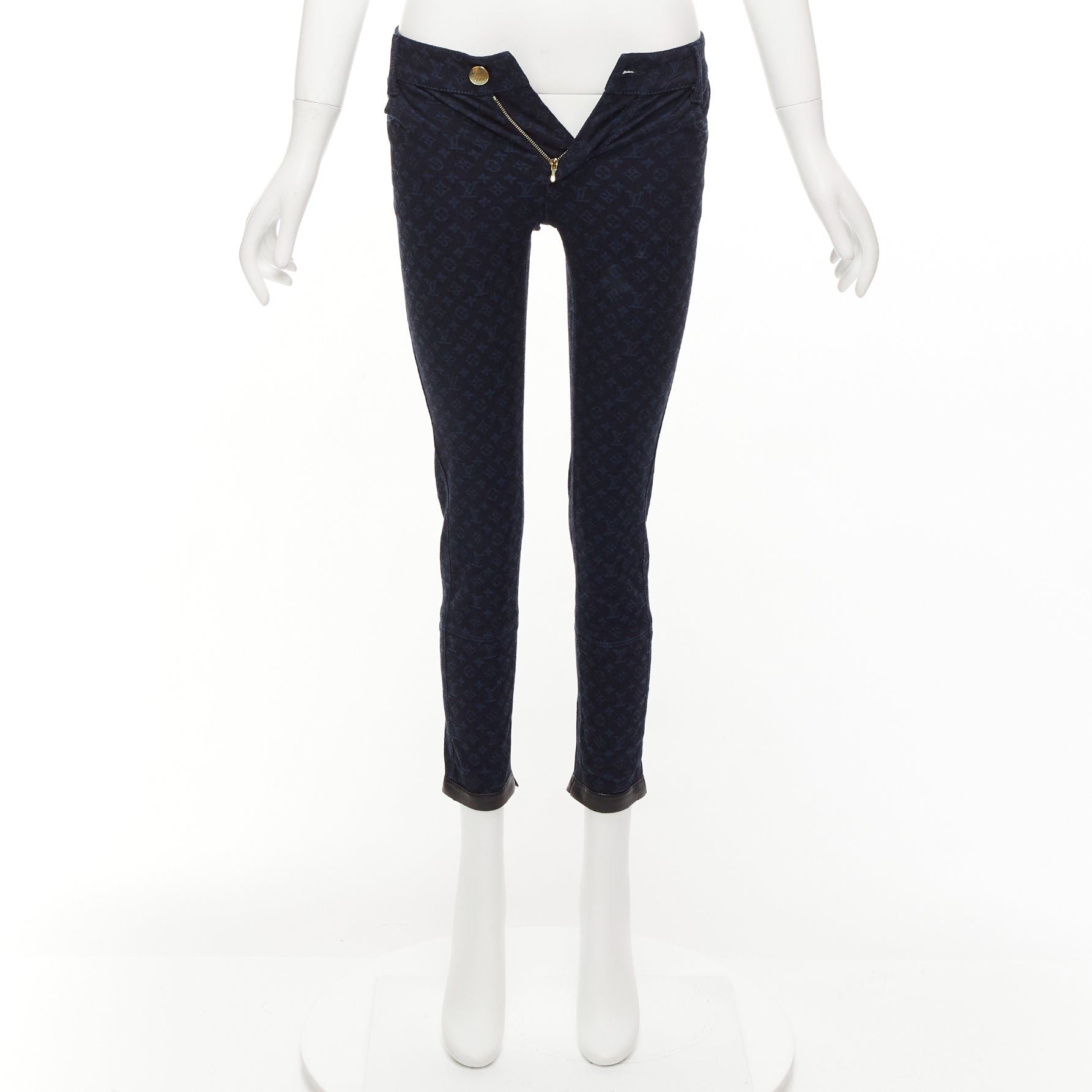 Louis Vuitton LOUIS VUITTON dark blue LV monogram black leather trim skinny jeans FR34 XS Size 26" / US 2 / IT 38 - 9 Thumbnail
