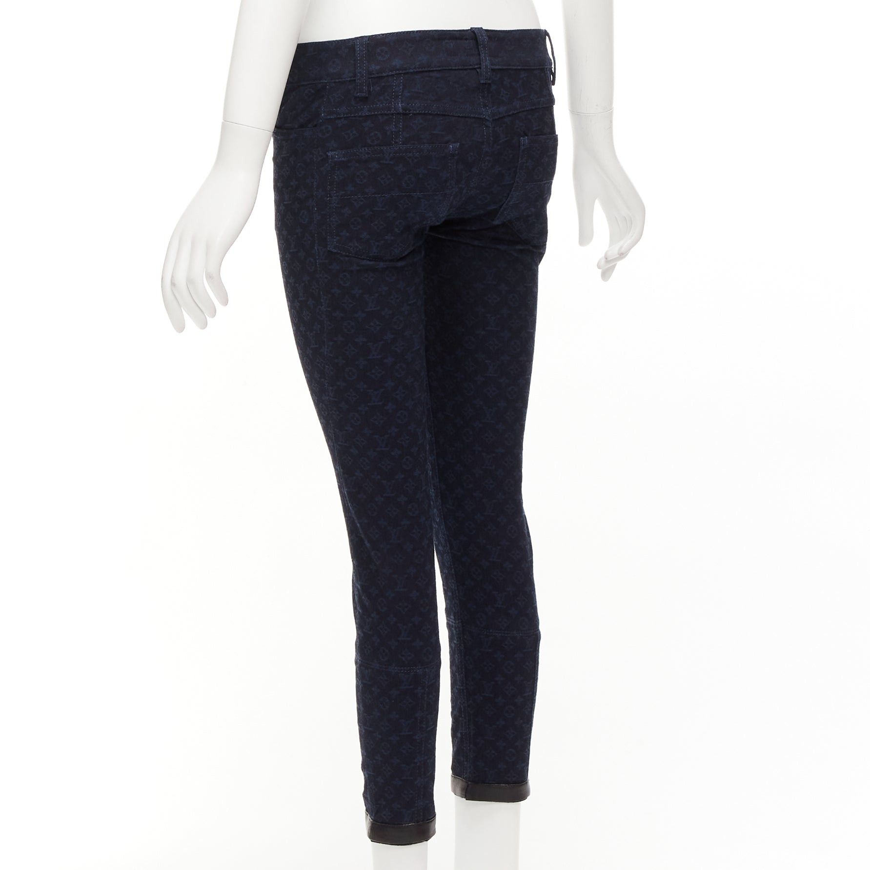 Louis Vuitton LOUIS VUITTON dark blue LV monogram black leather trim skinny jeans FR34 XS Size 26" / US 2 / IT 38 - 6 Thumbnail