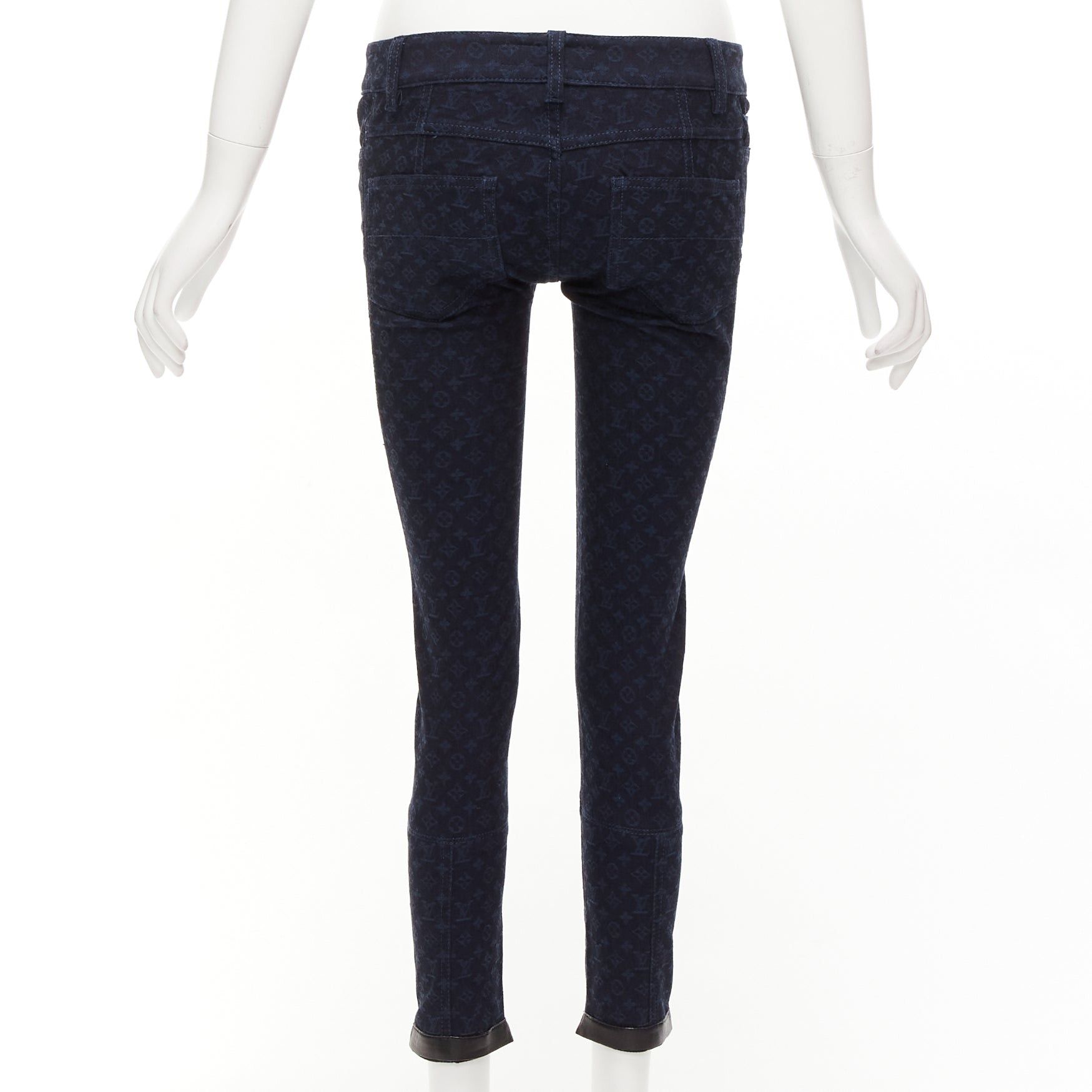 Louis Vuitton LOUIS VUITTON dark blue LV monogram black leather trim skinny jeans FR34 XS Size 26" / US 2 / IT 38 - 5 Thumbnail