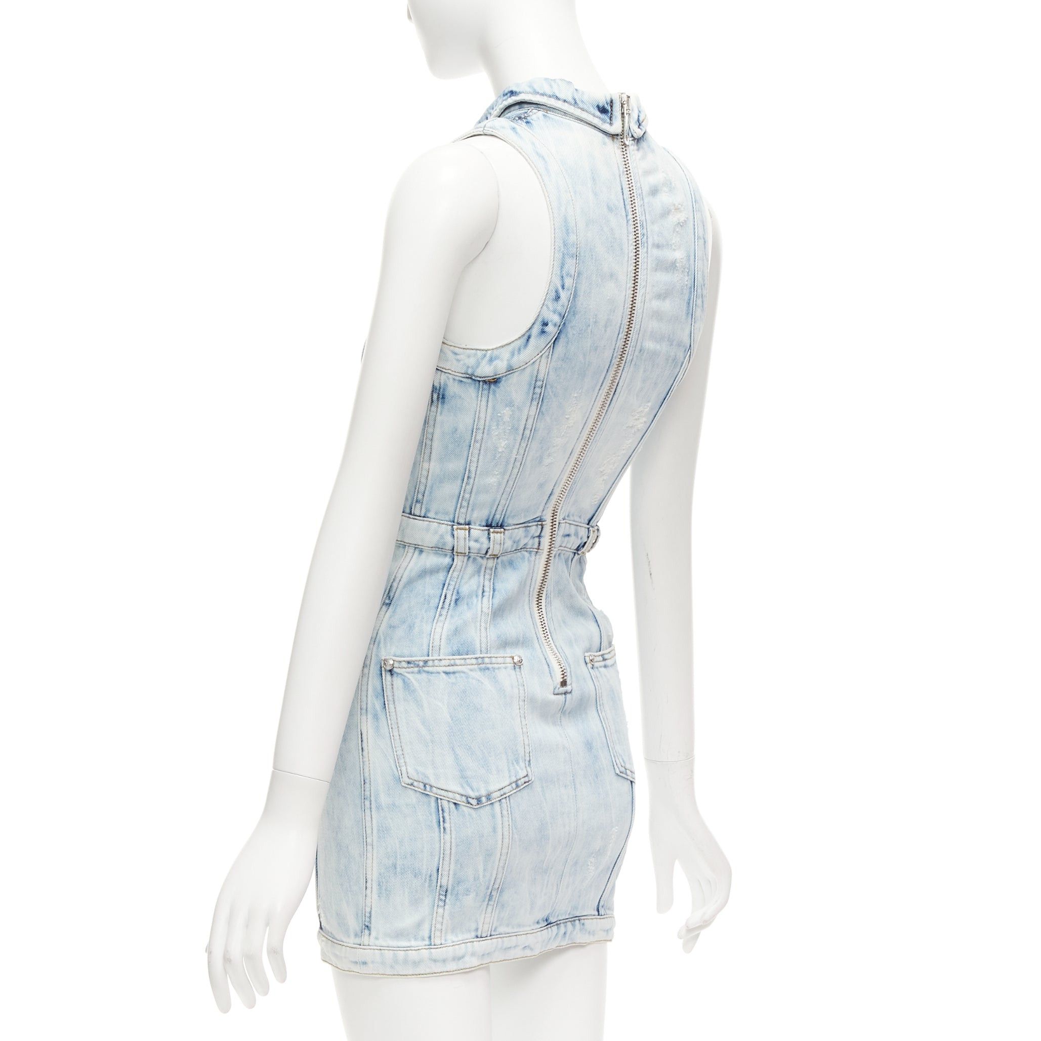 Balmain BALMAIN faded blue distressed denim silver buttons 4 pocket fitted dress FR34 XS Size XS / US 0-2 / IT 36-38 - 6 Thumbnail