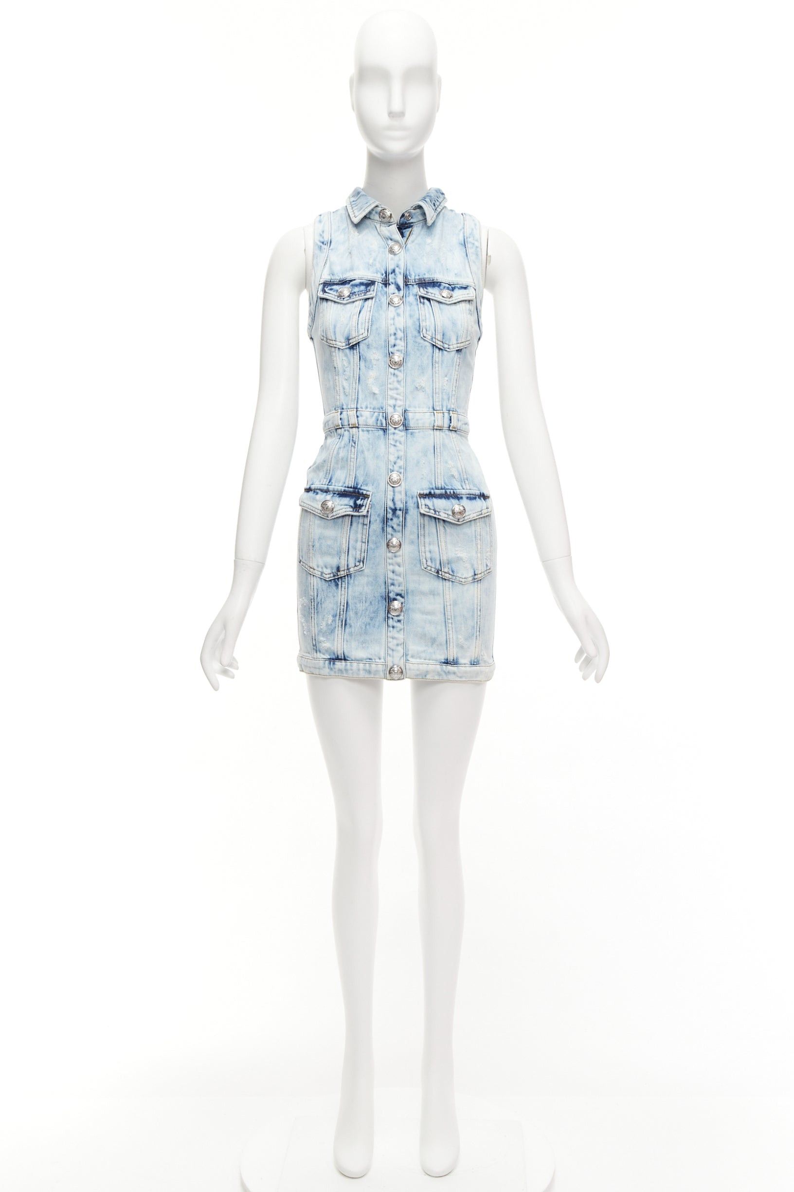 Balmain BALMAIN faded blue distressed denim silver buttons 4 pocket fitted dress FR34 XS Size XS / US 0-2 / IT 36-38 - 9 Thumbnail