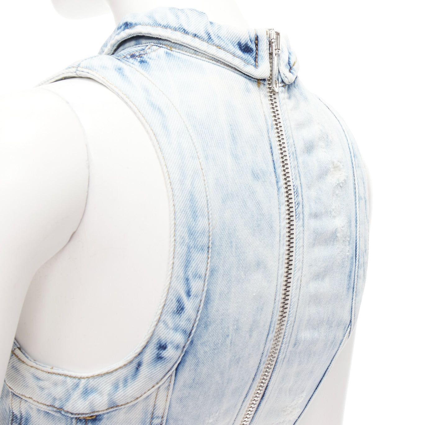 Balmain BALMAIN faded blue distressed denim silver buttons 4 pocket fitted dress FR34 XS Size XS / US 0-2 / IT 36-38 - 7 Thumbnail