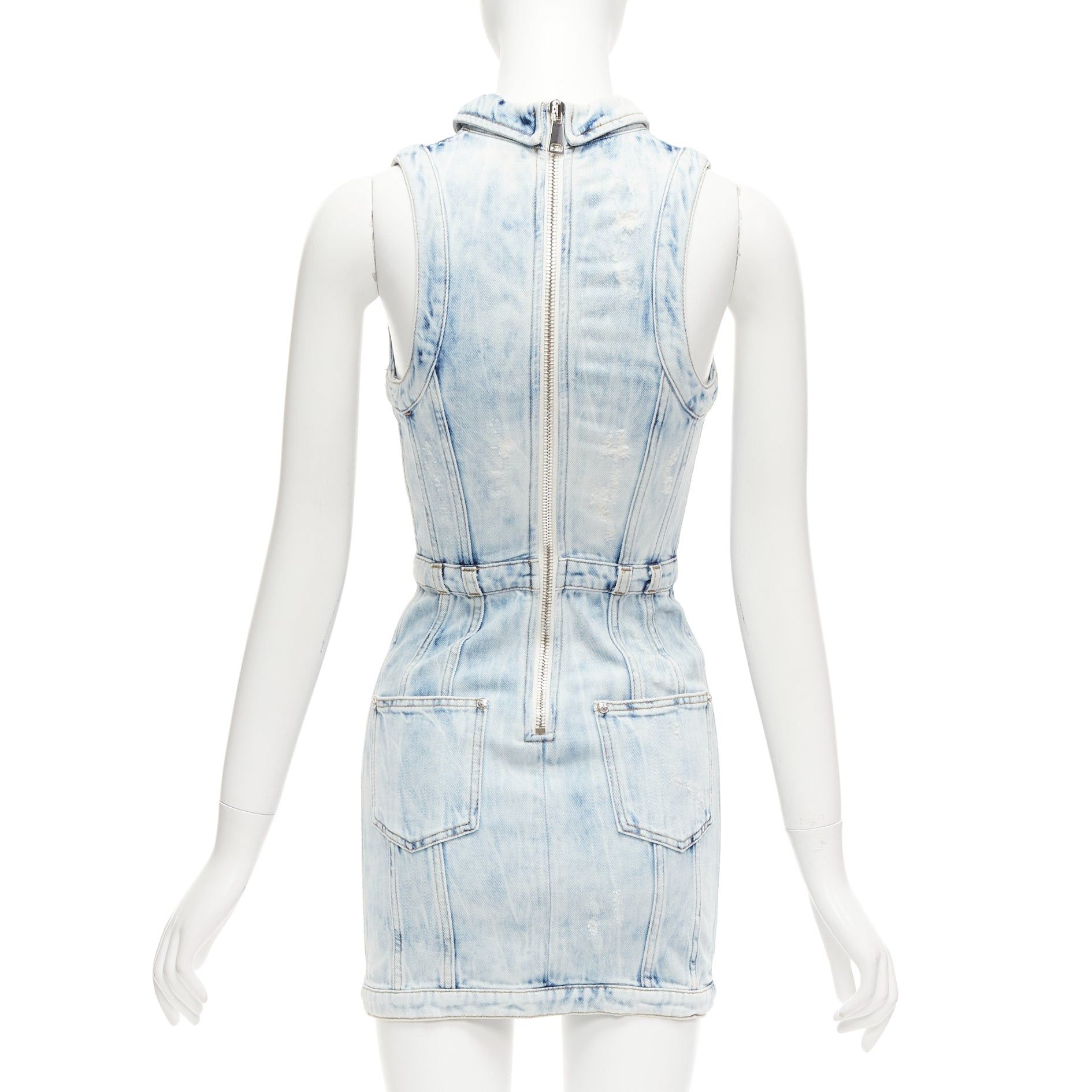 Balmain BALMAIN faded blue distressed denim silver buttons 4 pocket fitted dress FR34 XS Size XS / US 0-2 / IT 36-38 - 5 Thumbnail