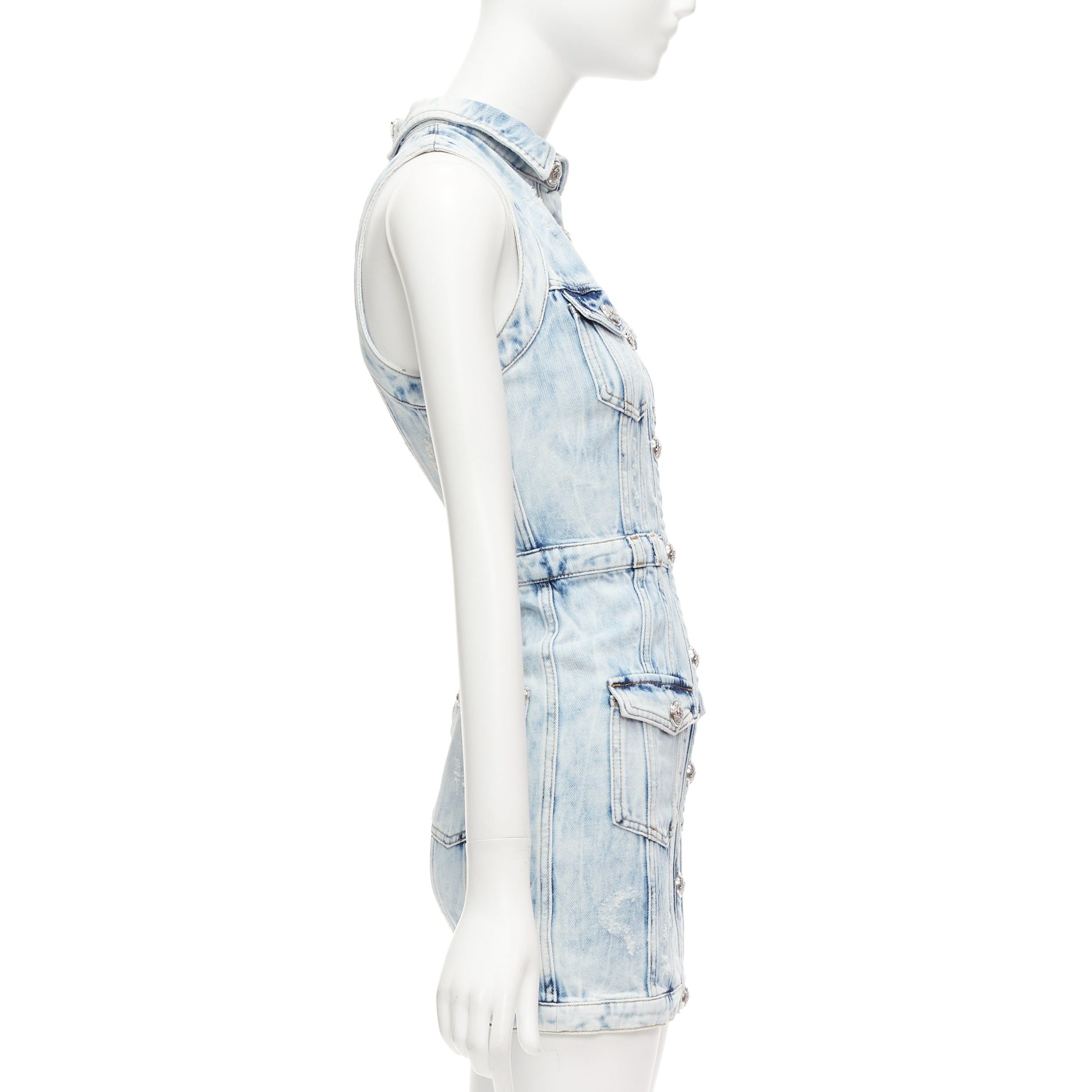 Balmain BALMAIN faded blue distressed denim silver buttons 4 pocket fitted dress FR34 XS Size XS / US 0-2 / IT 36-38 - 4 Thumbnail